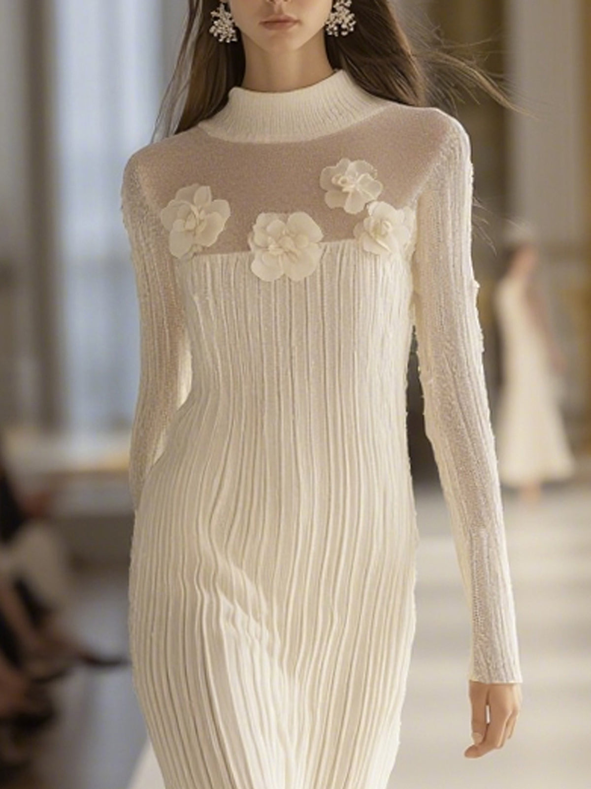 Ivory Sheer Knit 3D Floral Appliqué Mock Neck Long Sleeve Midi Dress