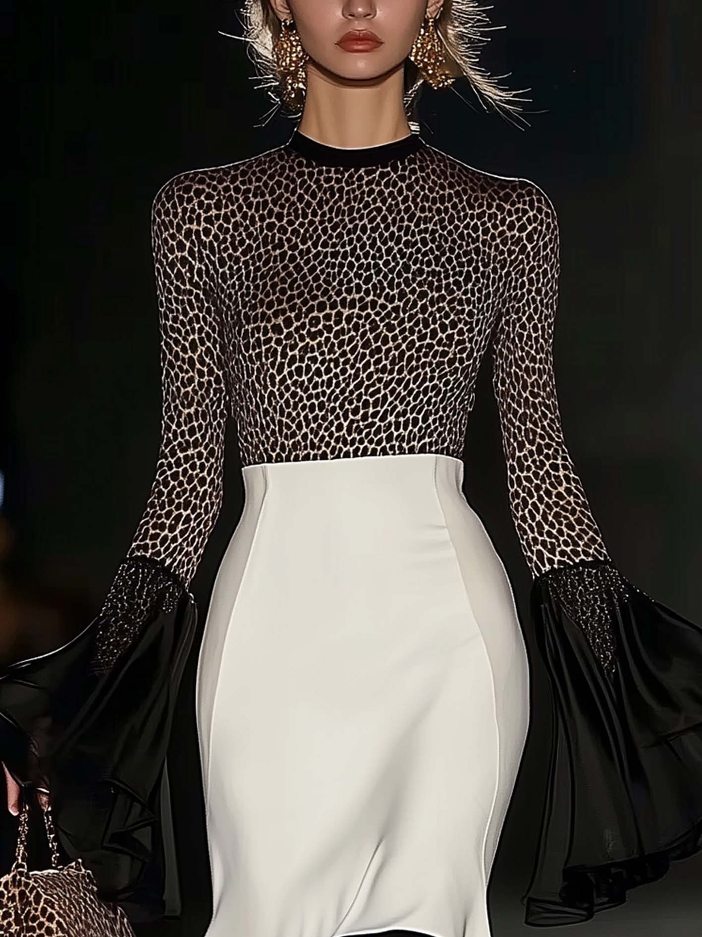 Stylish Leopard Print Midi Bodycon Dress With Mesh Cuffs