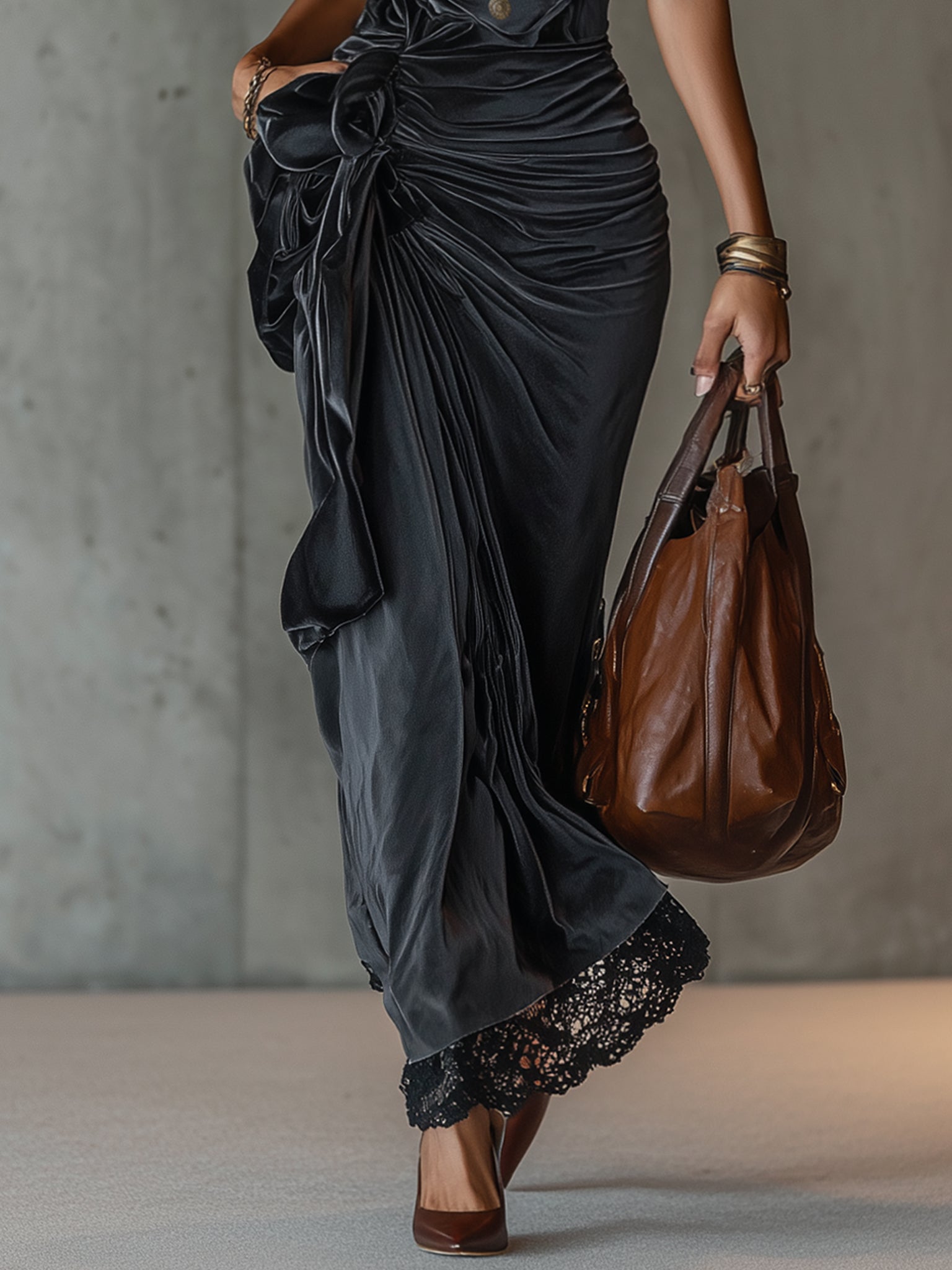 Dark Gray Velvet Sleeveless Deep V-Neck Ruched Maxi Dress With Lace Hem
