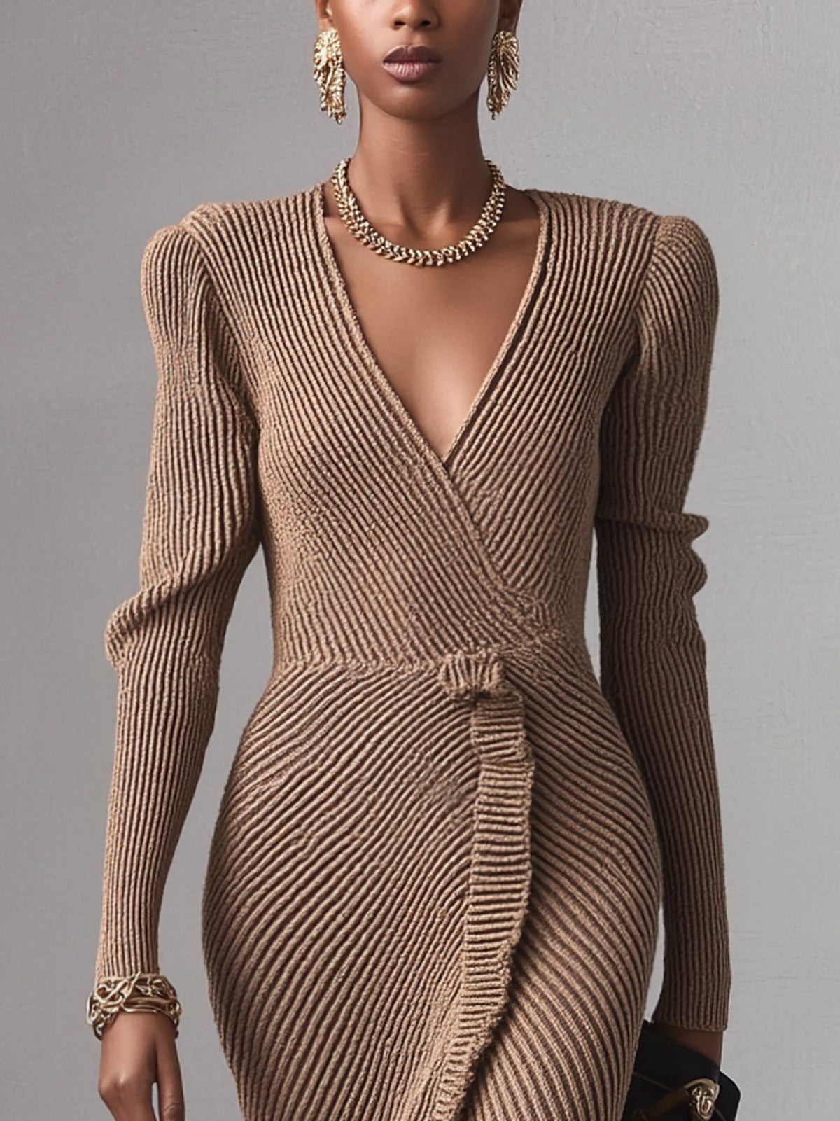 Camel Ribbed Knit Ruffle Detail V-Neck Long Sleeve Midi Dress