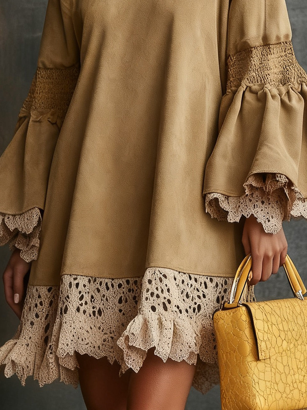 Beige Faux Suede And Lace Bell Sleeve Swing Dress