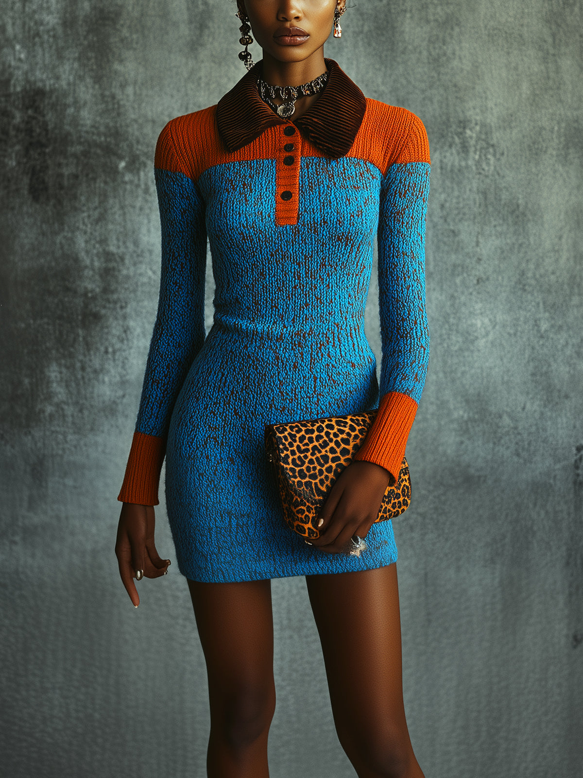 Blue Textured Knit Contrast Shoulder Button Up Collar Long Sleeve Mini Dress