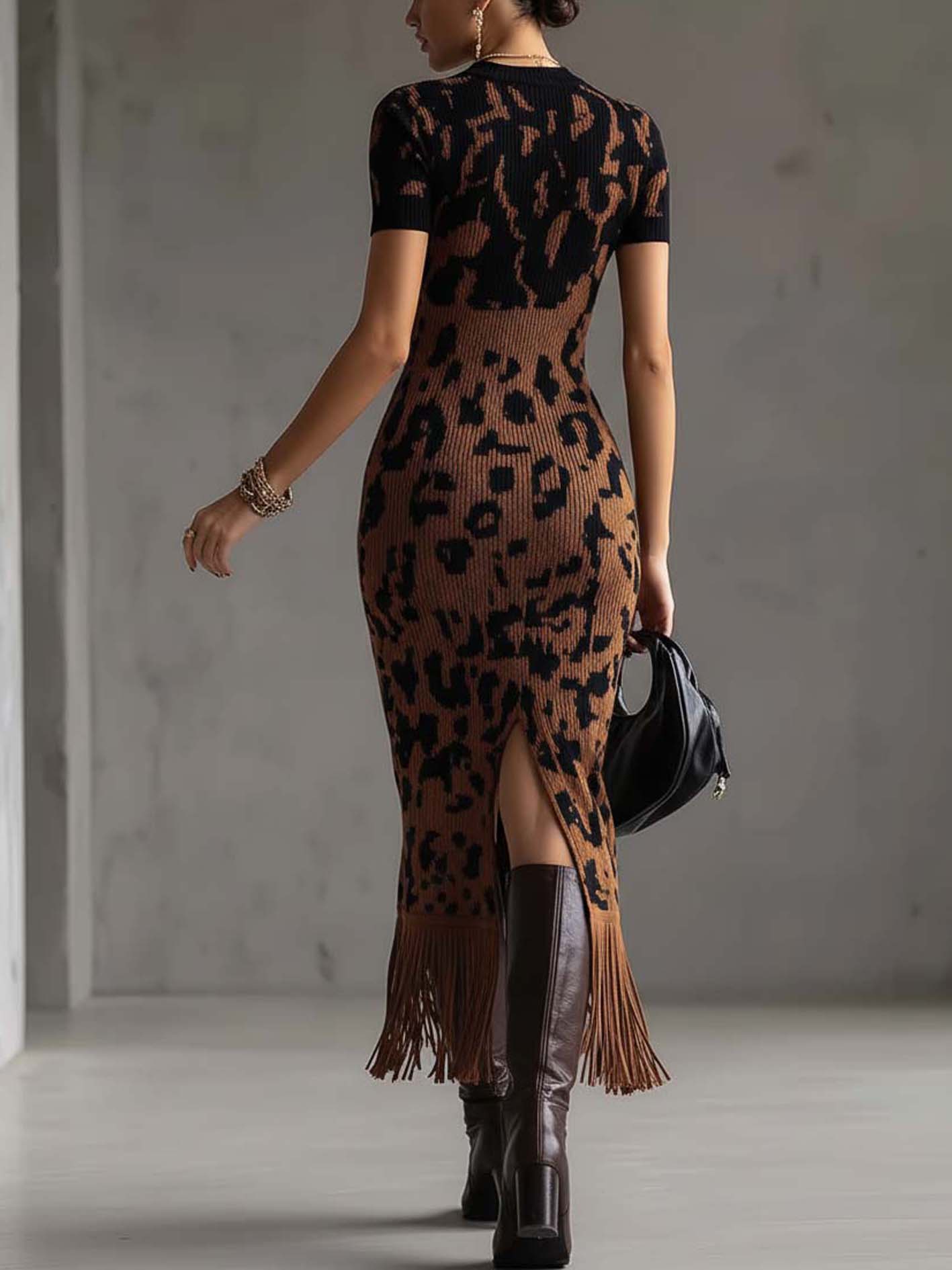 Brown Leopard Print Patchwork Fringe Knit Bodycon Midi Dress