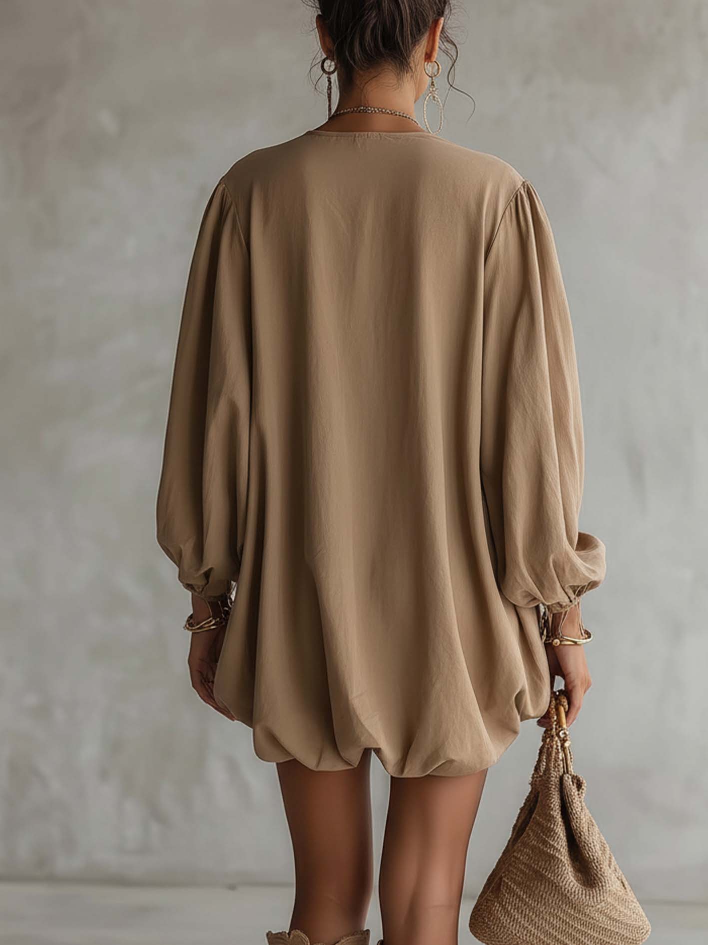 Khaki Vintage Embroidered Cotton Linen Bubble Hem Mini Dress