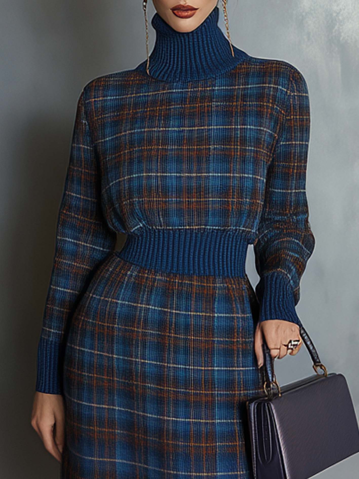 Blue Knitted Mini Dress With High Neckline And Plaid Pattern