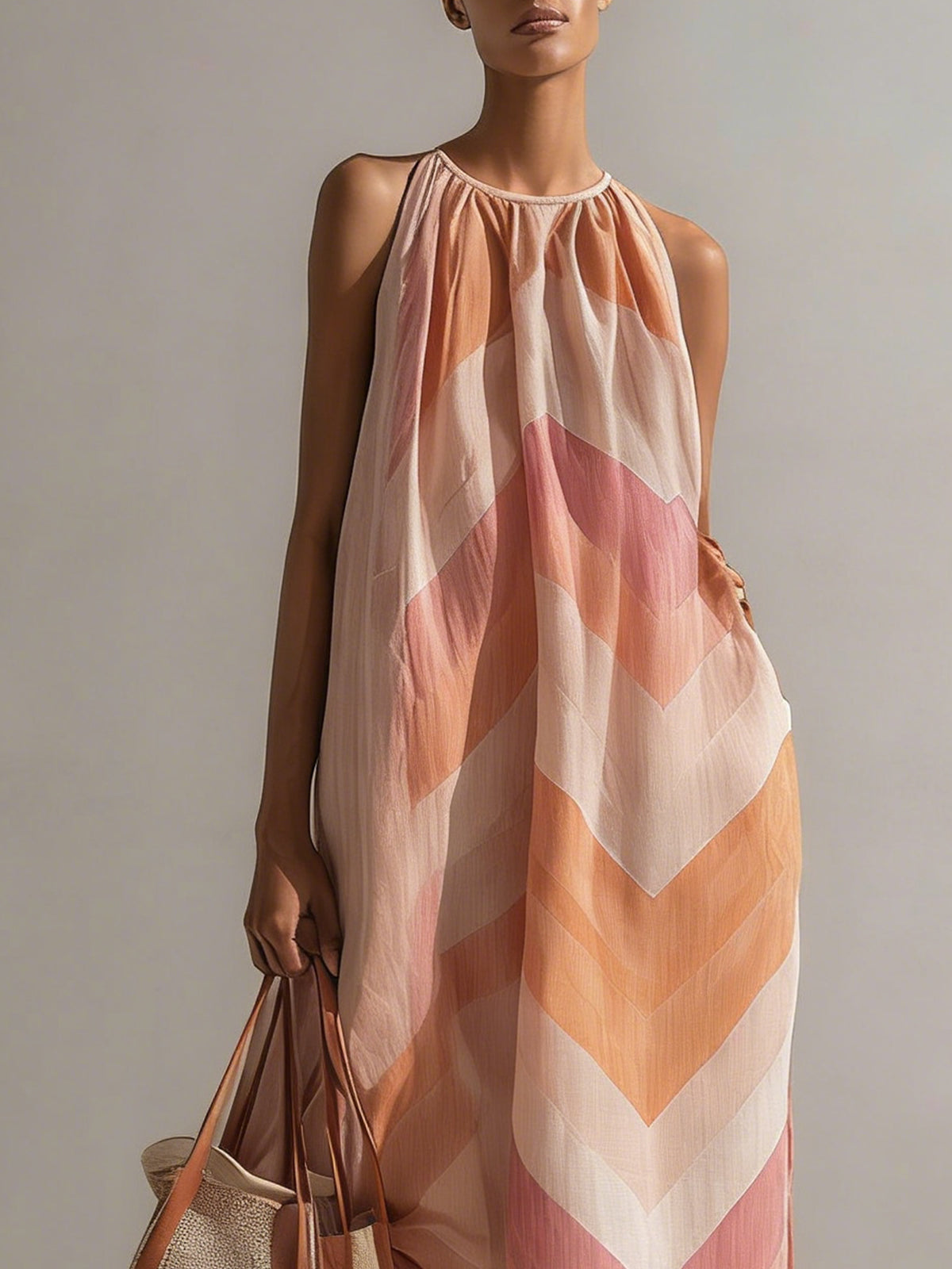 Pink Chevron Print Halter Maxi Dress