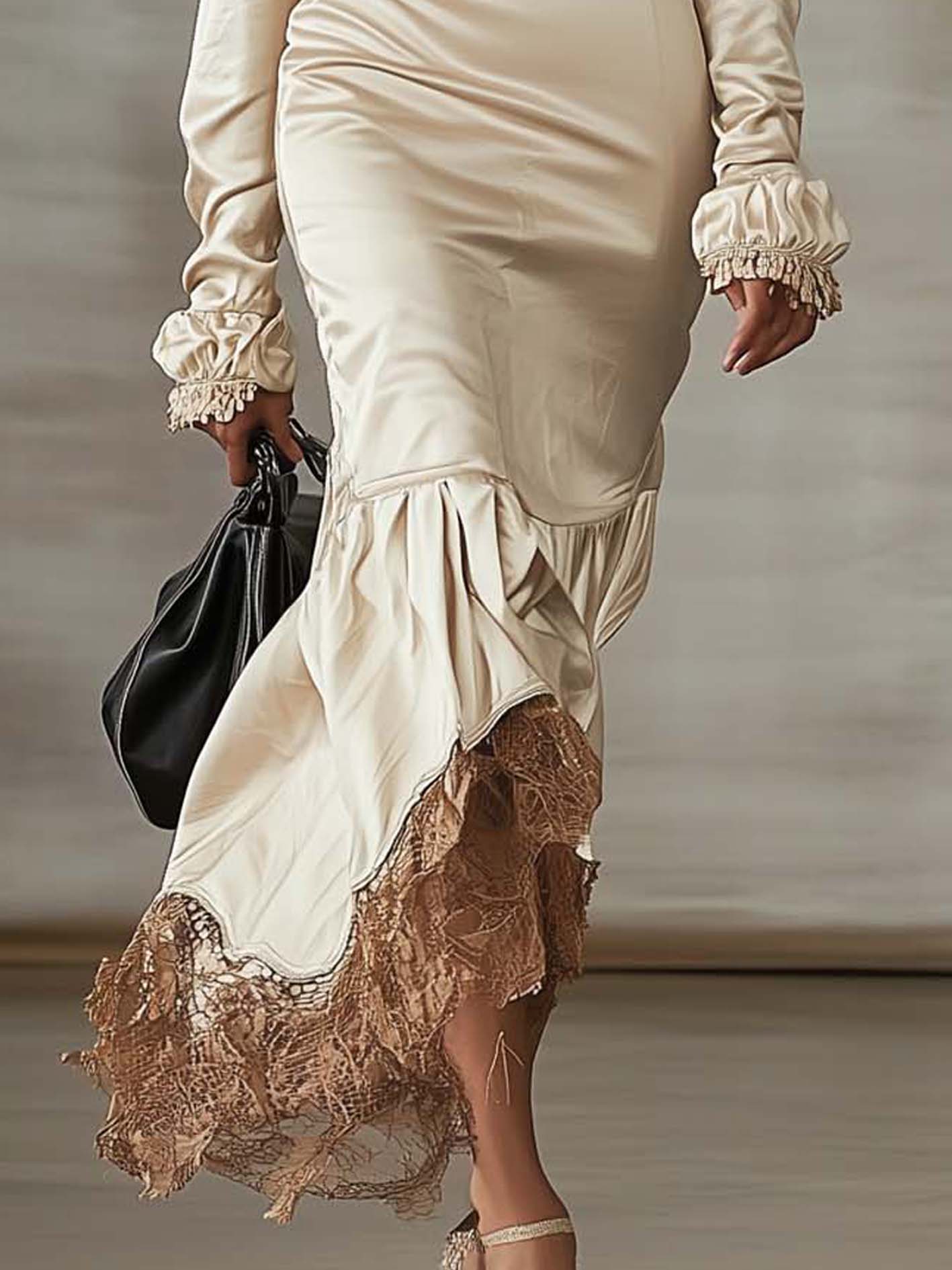 Beige Satin Bodycon Dress With Lace