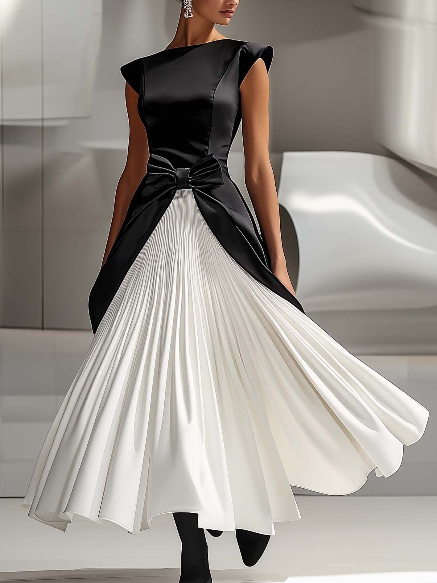 Black And White Stitching Satin Maxi Dress With Bow At Waist