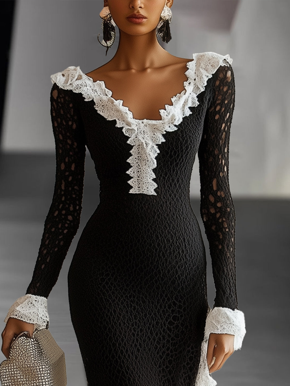 Black Lace Dress With White Ruffle Trim