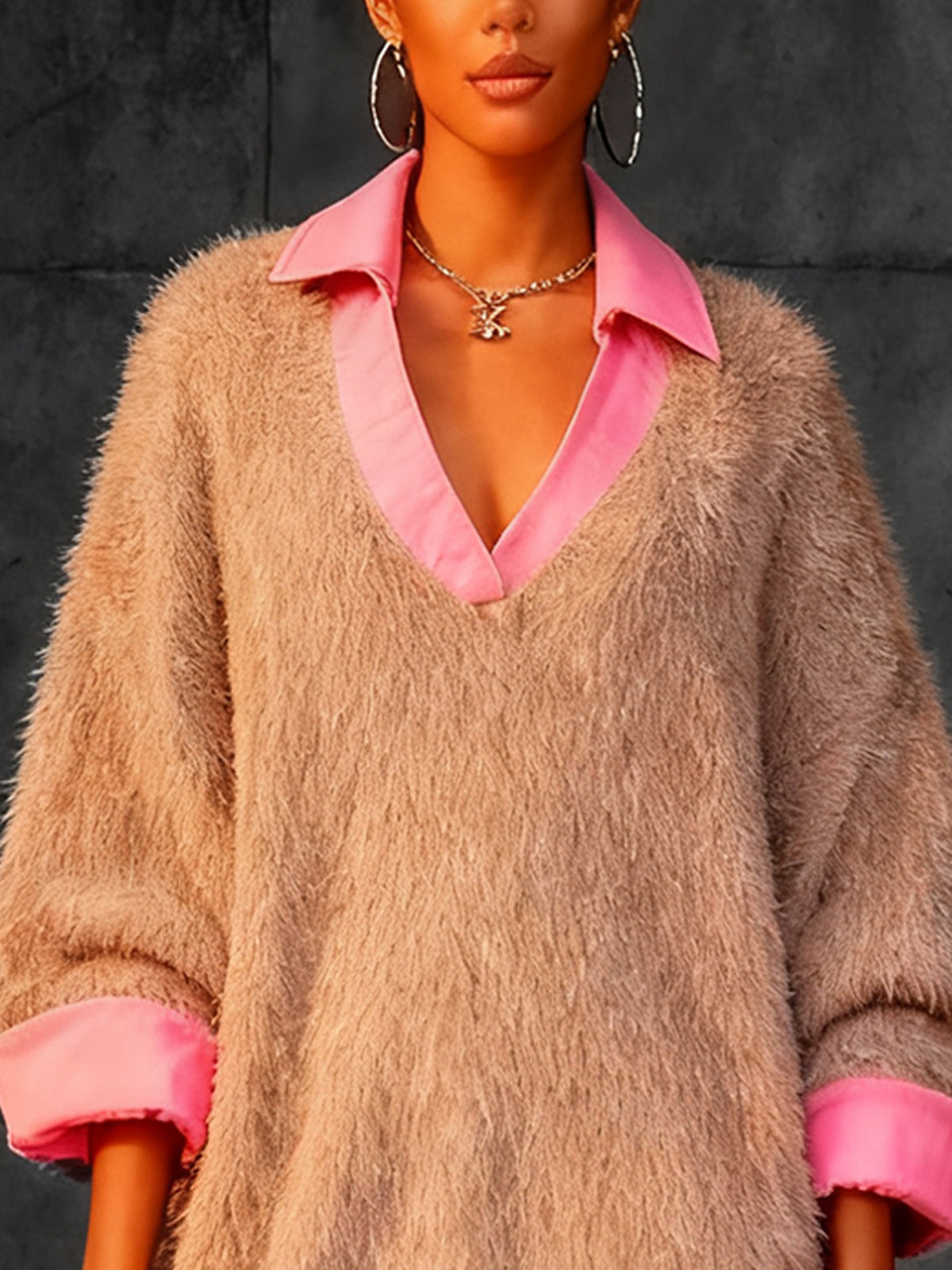 Beige Sweater Dress With Pink Collar