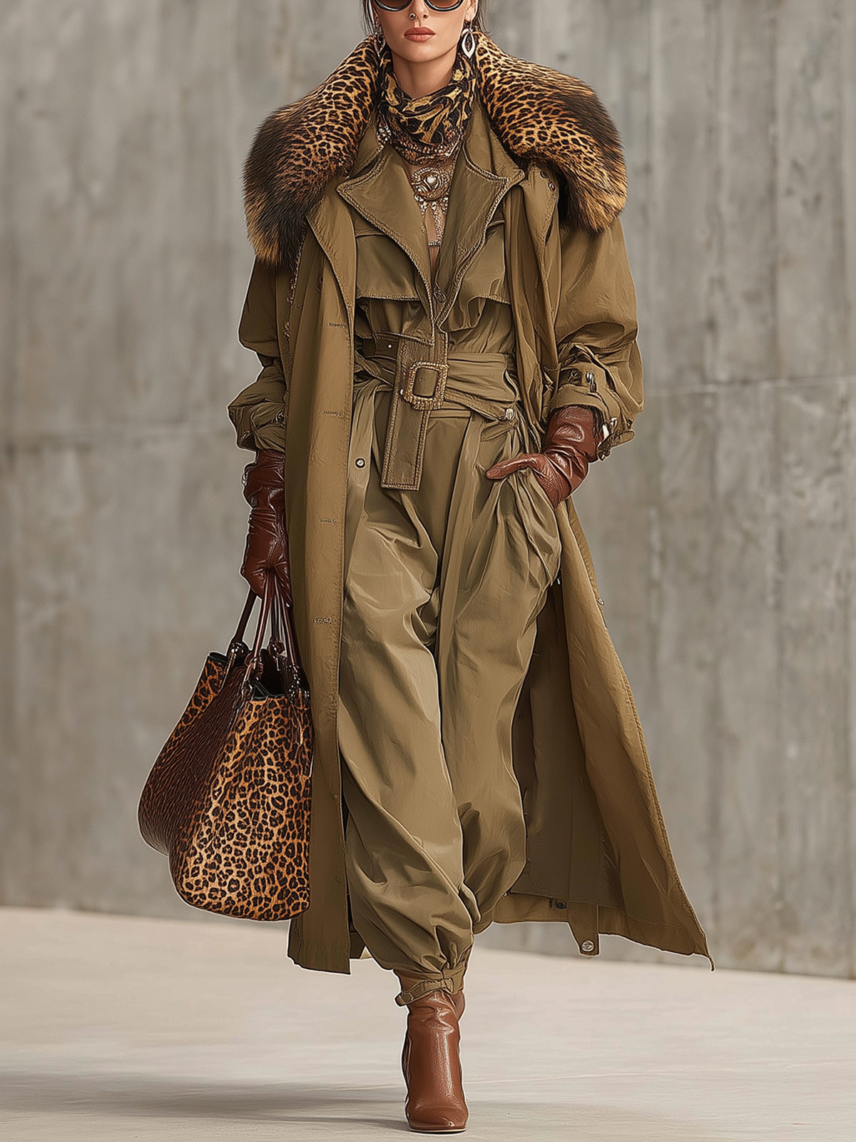 Khaki Belted Trench Coat With Detachable Leopard Fur Collar