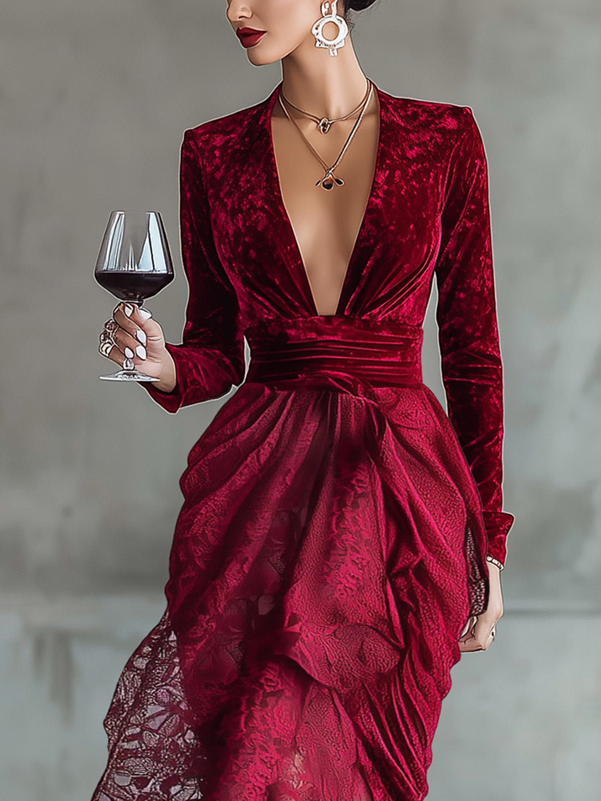 Burgundy Velvet And Lace Deep V-Neck High-Low Maxi Dress