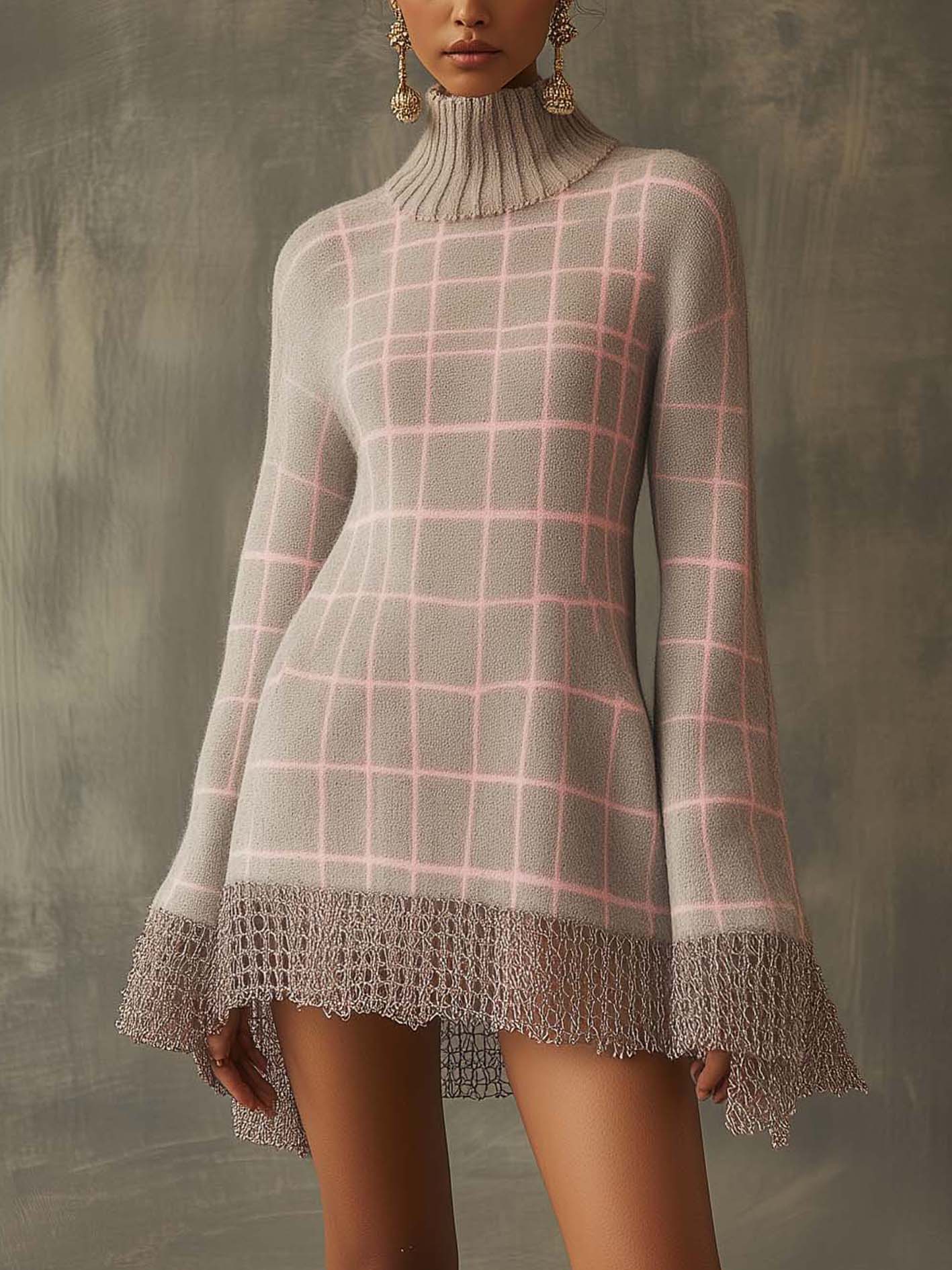 Gray Knitted Mini Dress With Pink Lines And Mesh Stitching