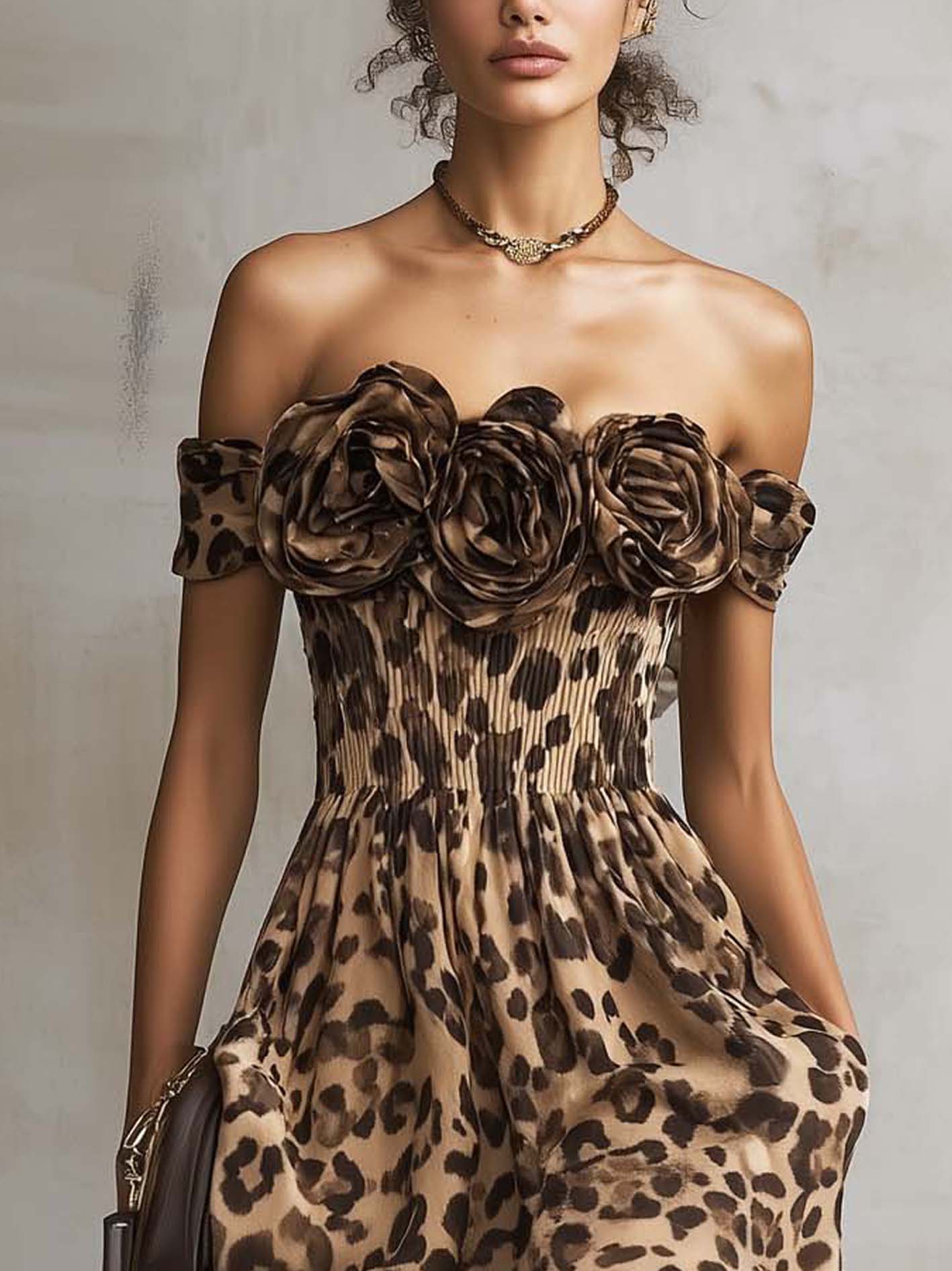 Leopard Print Off Shoulder 3D Flower Chiffon Mini Dress