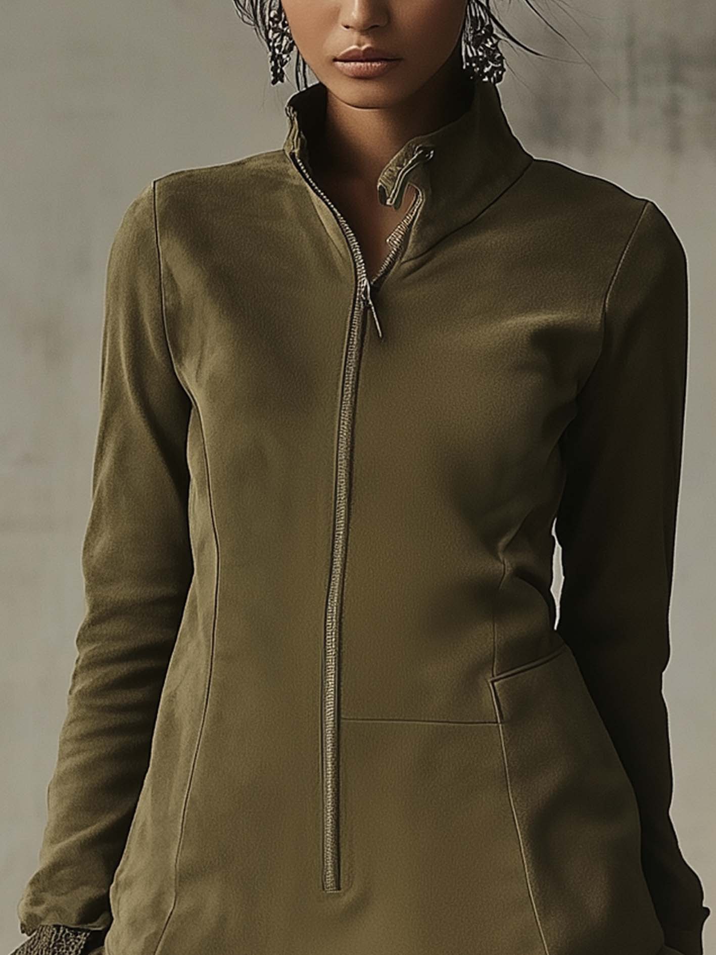 Olive Green Faux Suede Mini Dress With Zipper And Lace