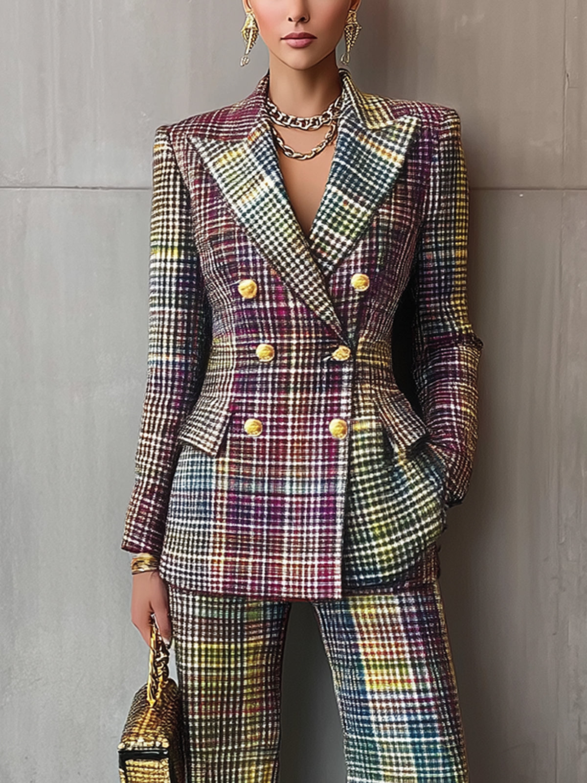 Multicolor Gradient Plaid Double Breasted Suit