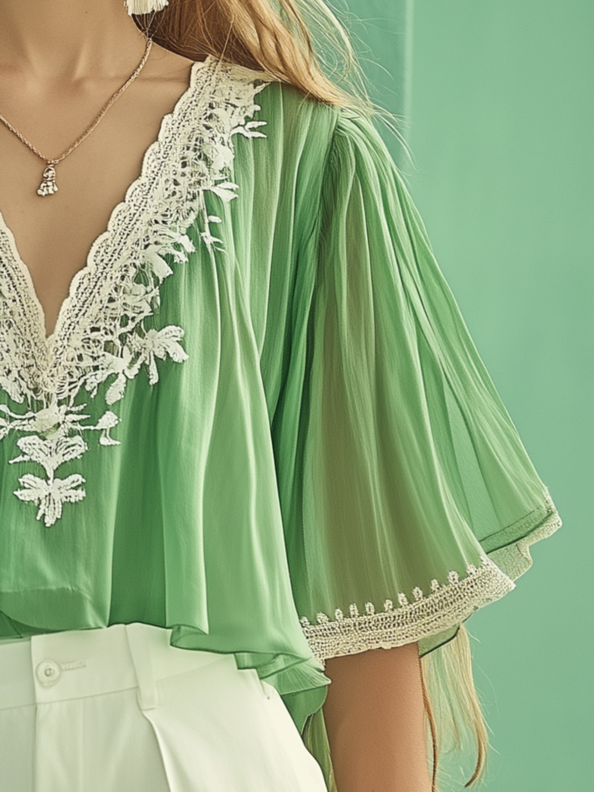 Lace Panel Floral Embroidered Chiffon Blouse