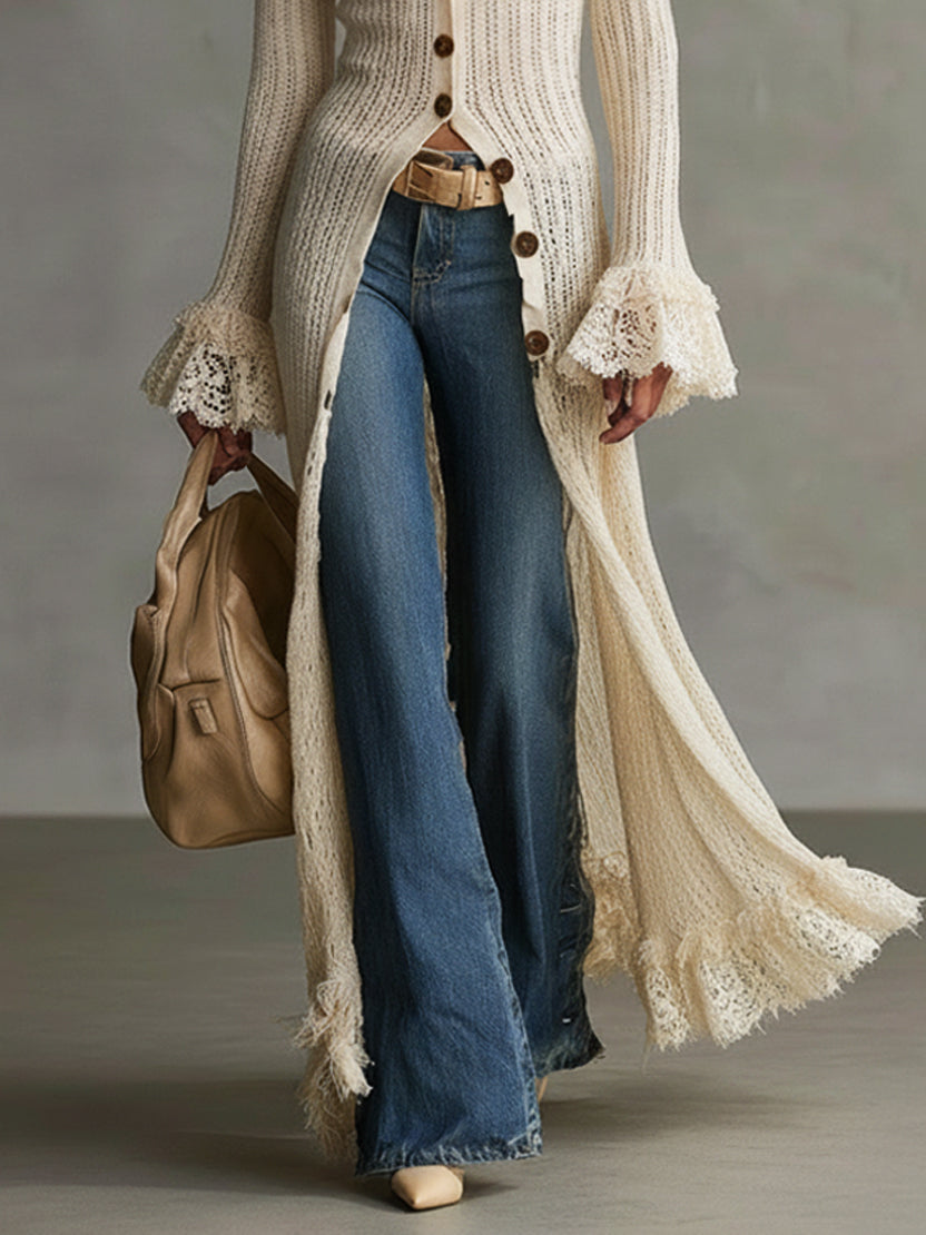 Ivory Knit Deep V-Neck Button-Down Maxi Dress