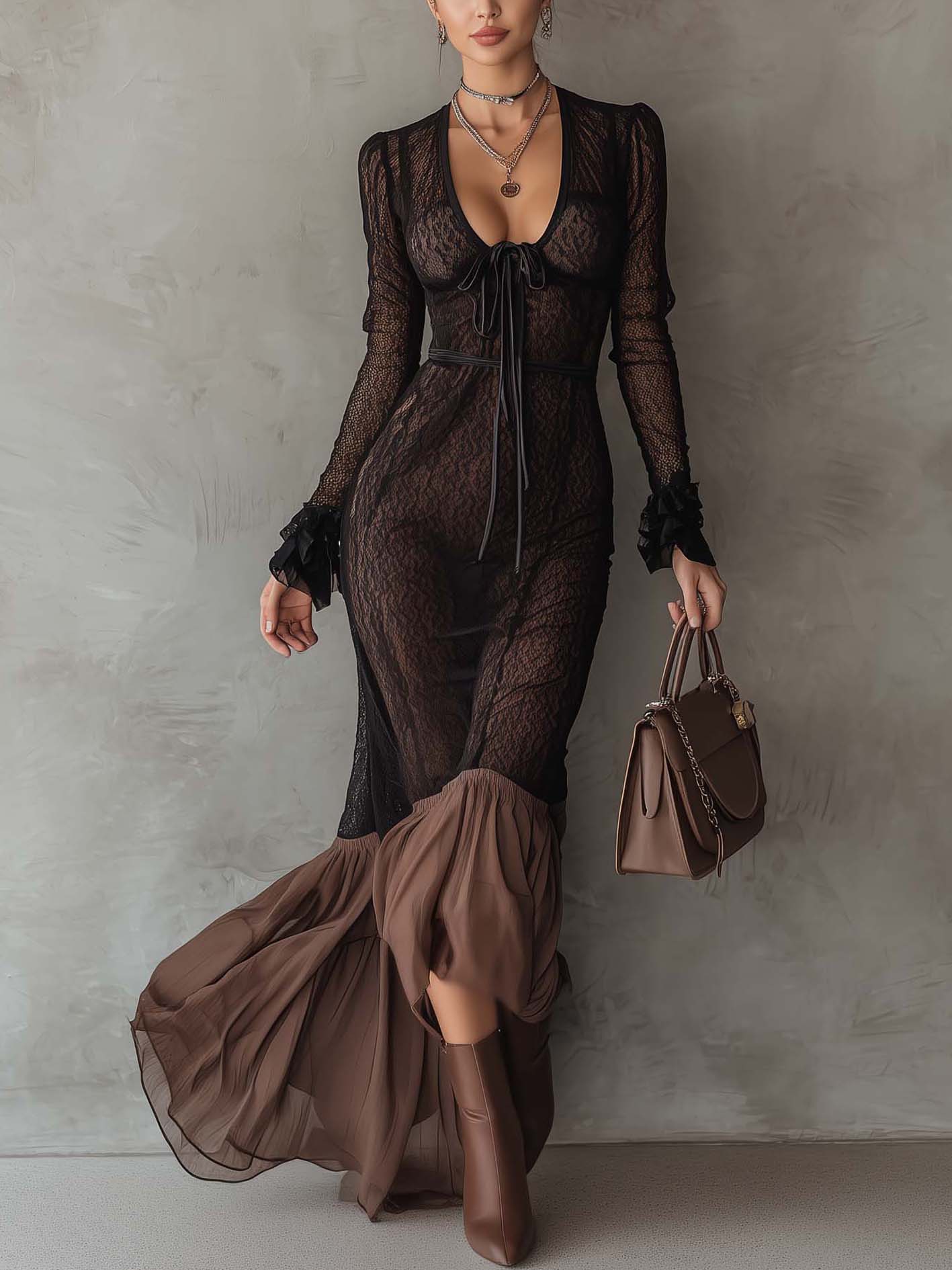 Black Lace Bodycon Maxi Dress With Brown Pleated Hem