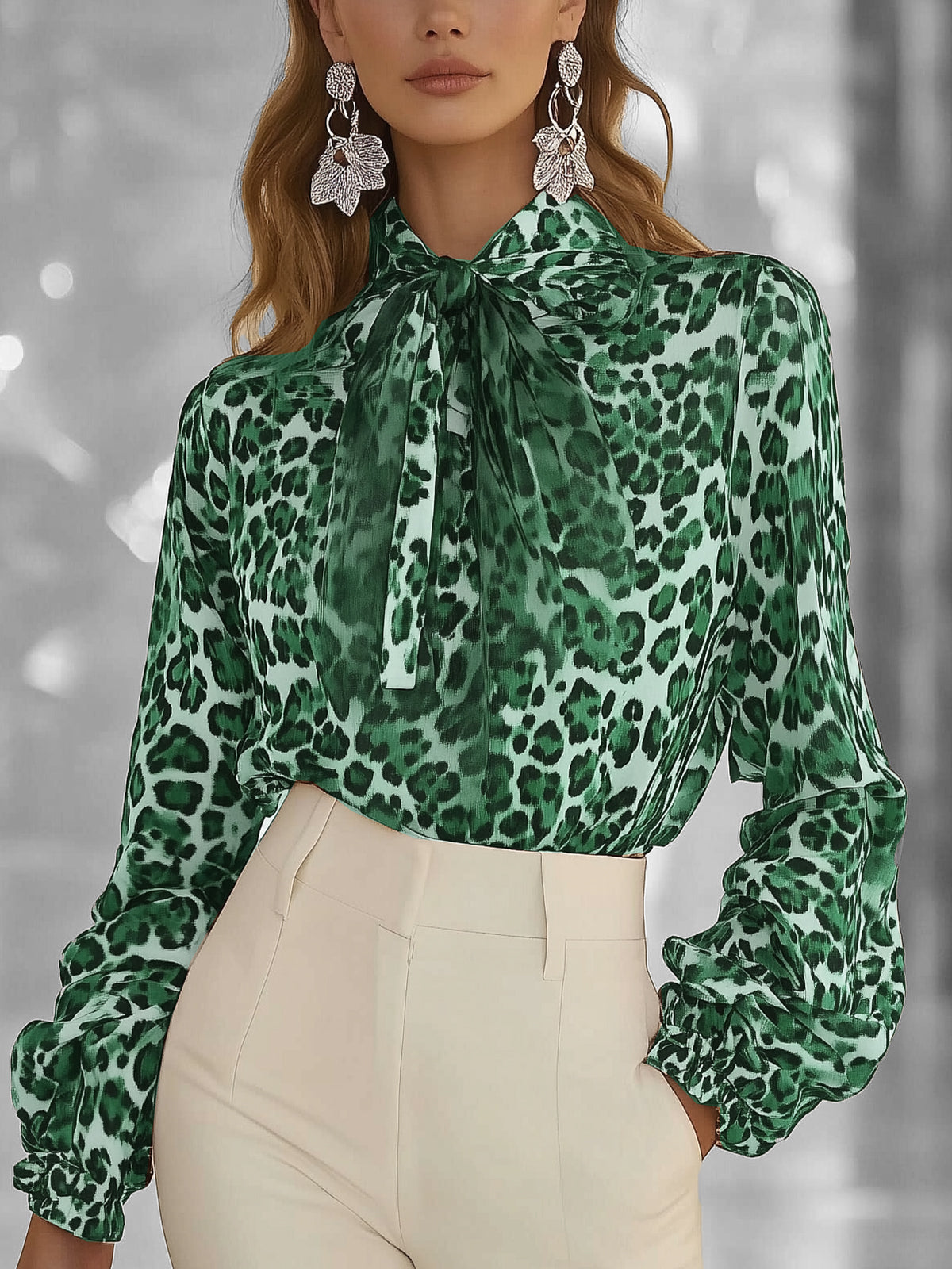 Green Leopard Print Chiffon Blouse With Tie Neck