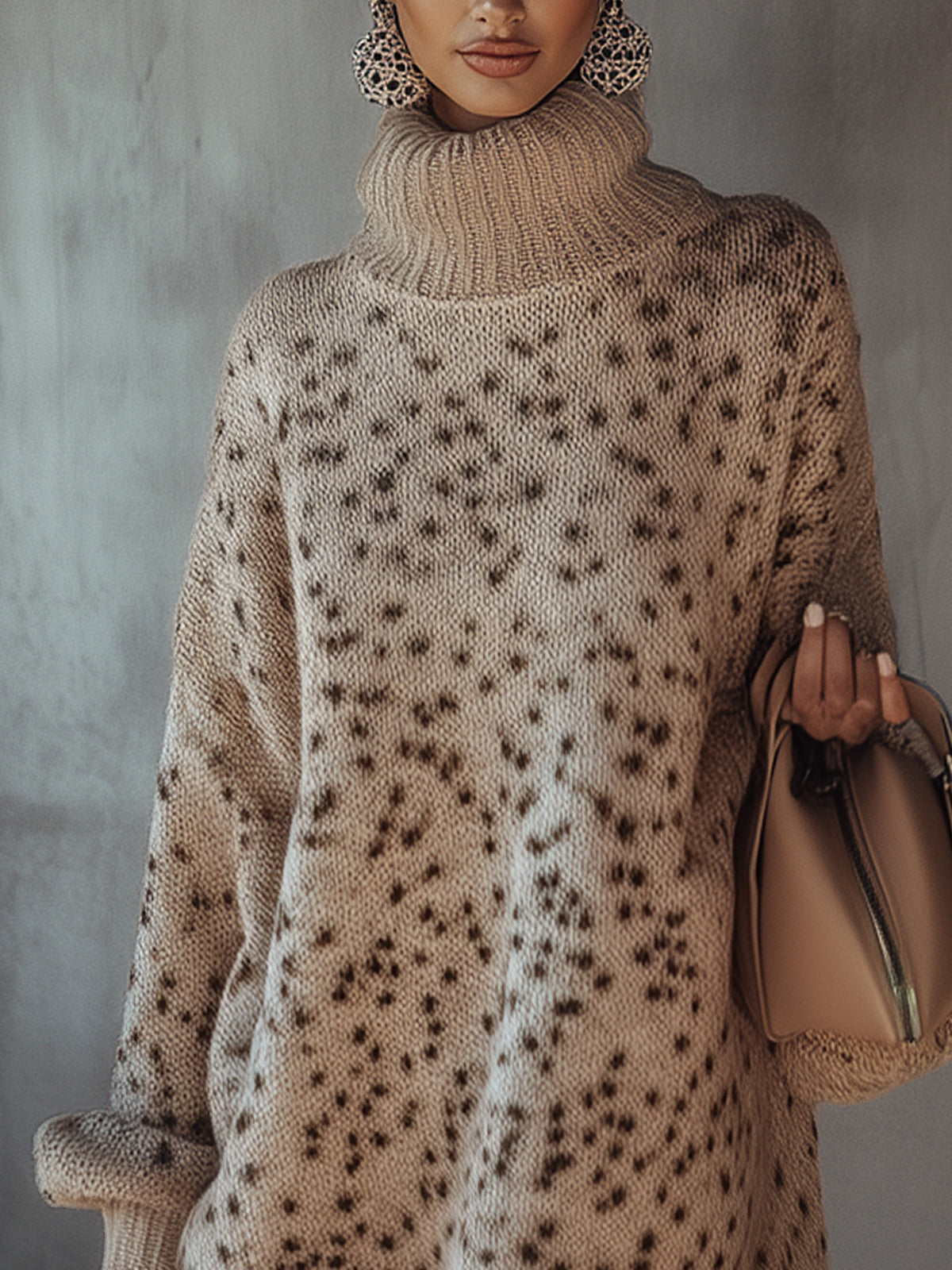 Khaki Chic Speckled Turtleneck Knit Dress