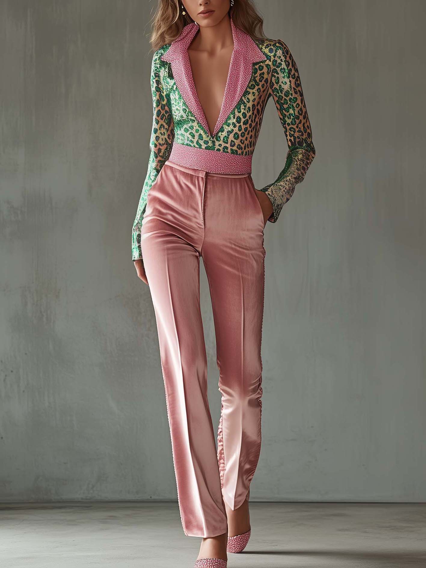 Pink Velvet Jumpsuit With Green Leopard Print And Belt