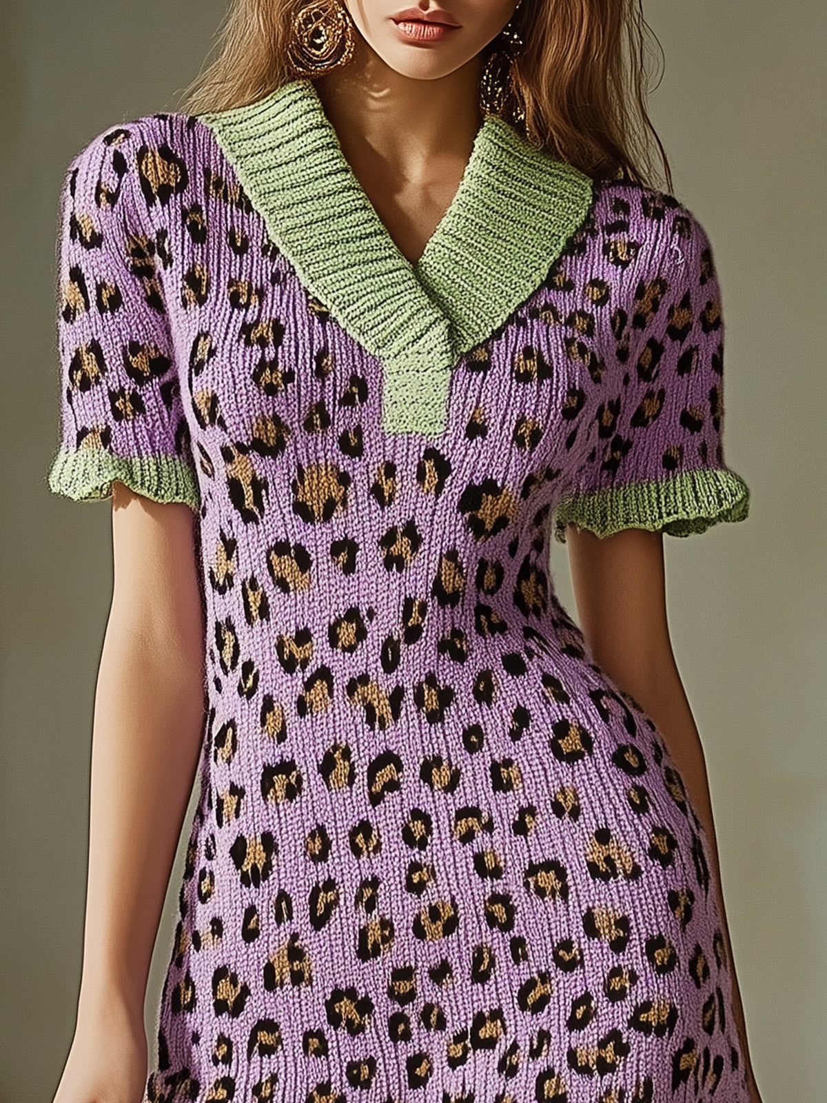 Purple Leopard Print Knit Mini Dress With Green Collar And Trim