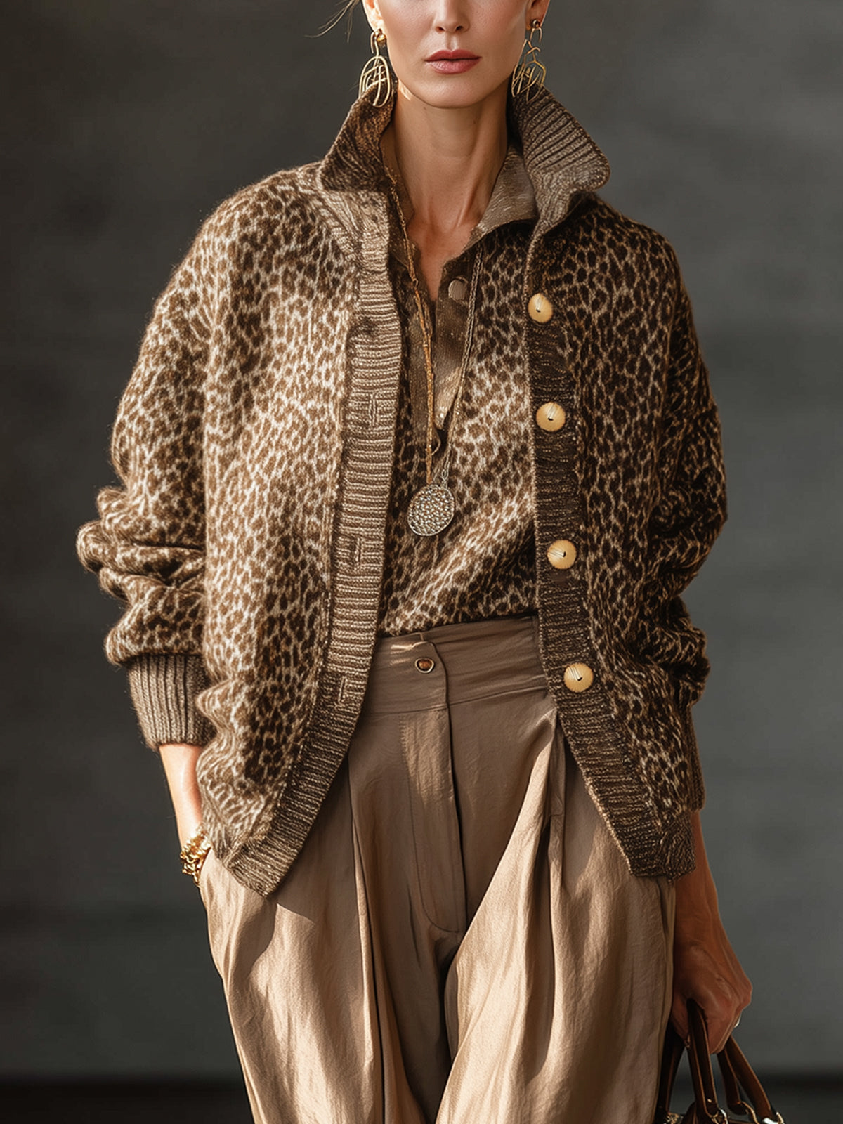 Chocolate Leopard Print Knit Lapel Button Down Cardigan