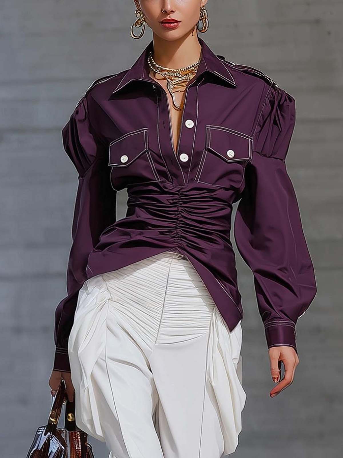 Purple Woven Half Open Placket Pleated Puff Sleeve Shirt