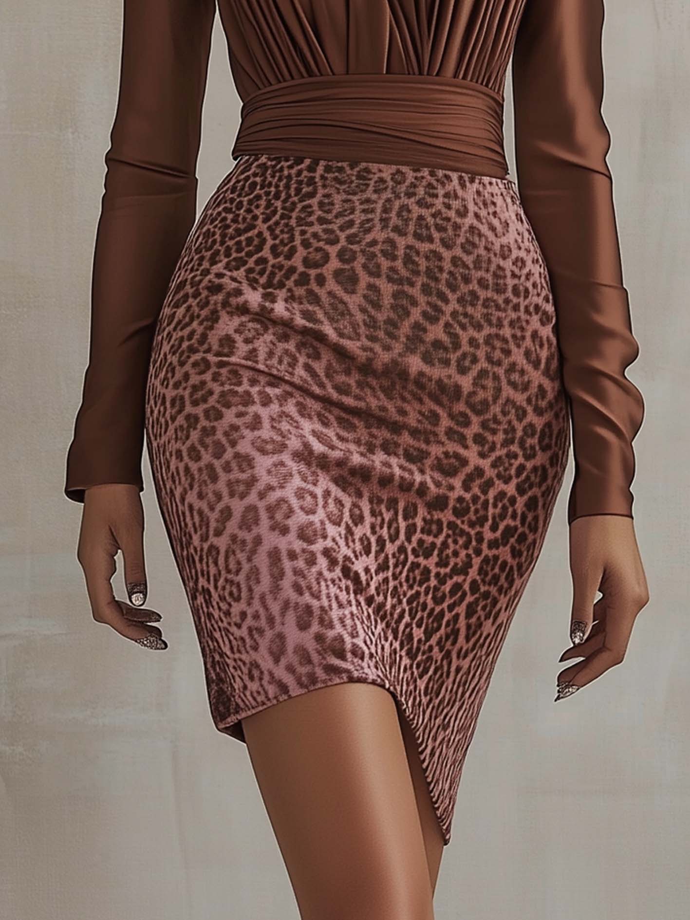 Brown Satin Mini Dress With Pink Leopard Print