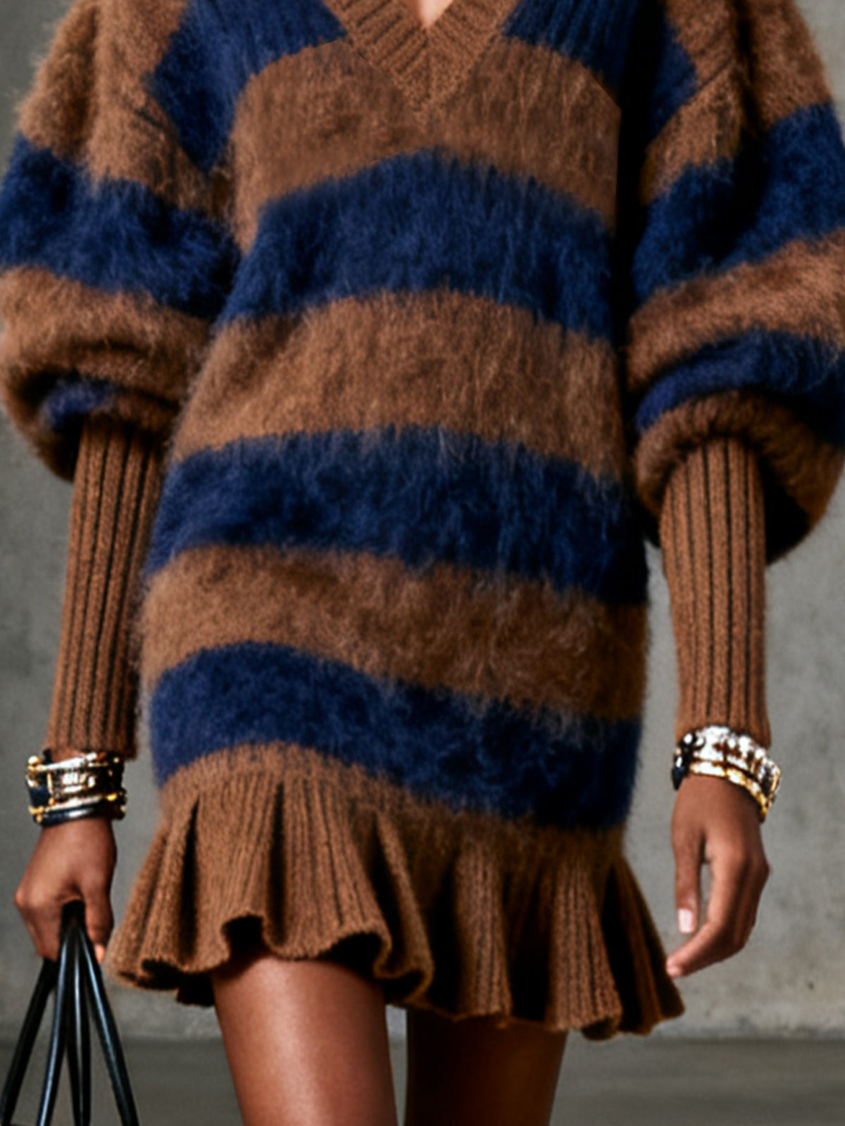 Brown And Navy Striped Fuzzy Knit Sweater Dress