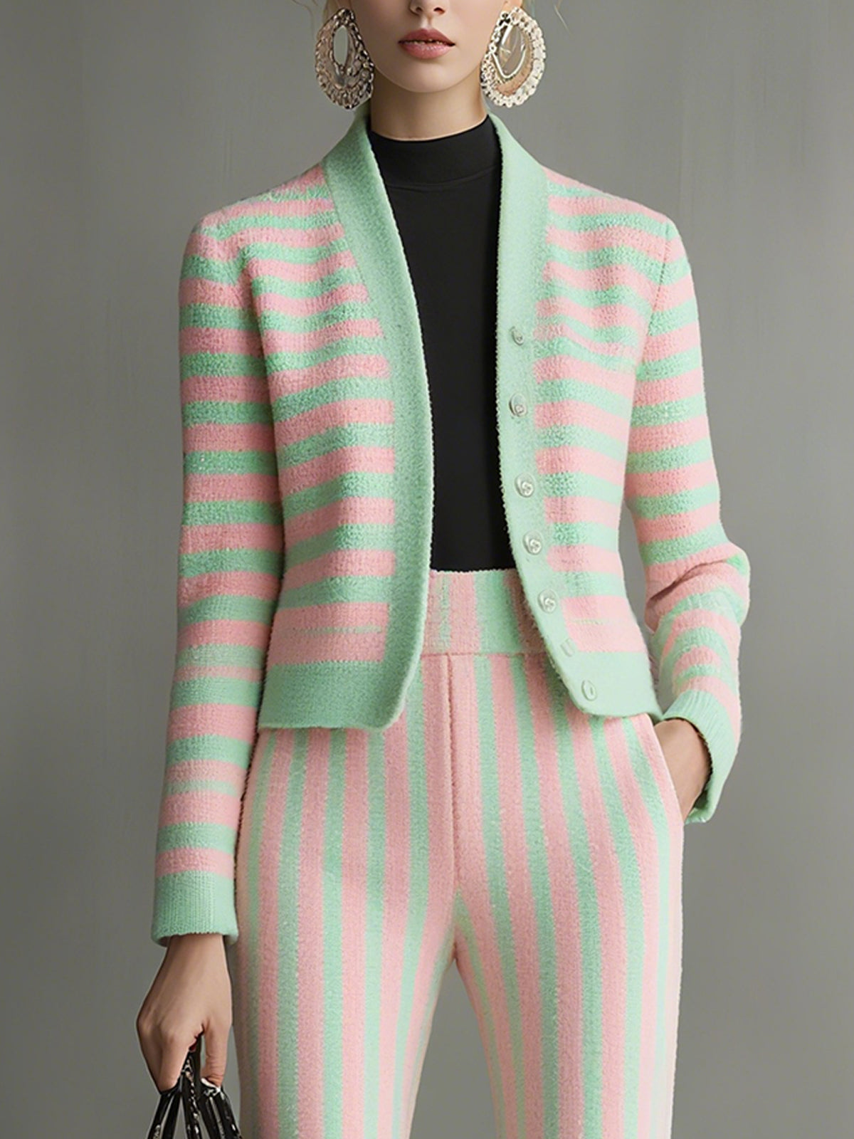 Pastel Striped Knit Cardigan And Wide Leg Pants Set
