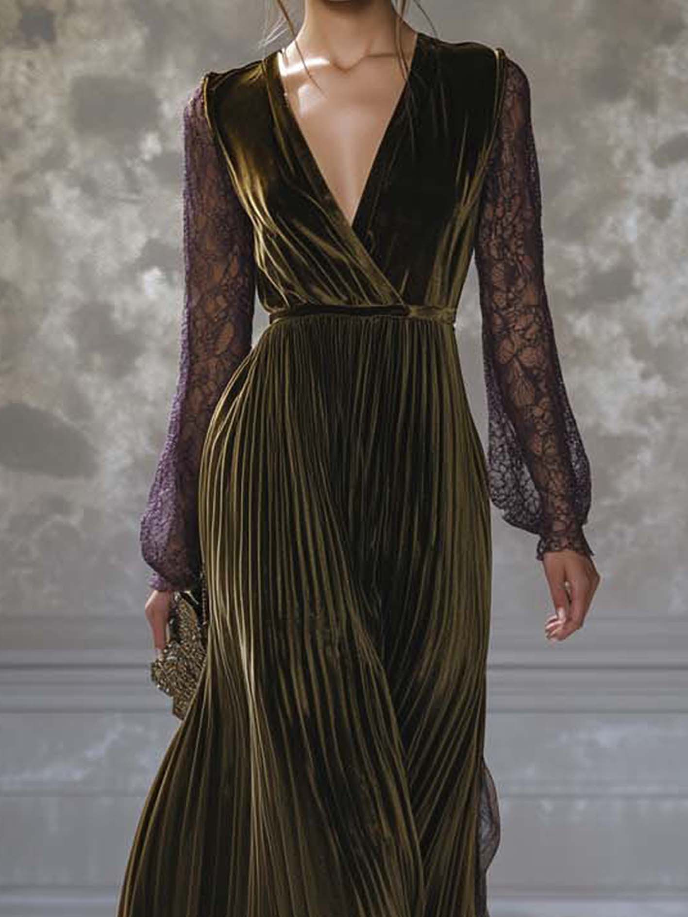 Olive Green Velvet Maxi Dress With Purple Mesh Sleeves