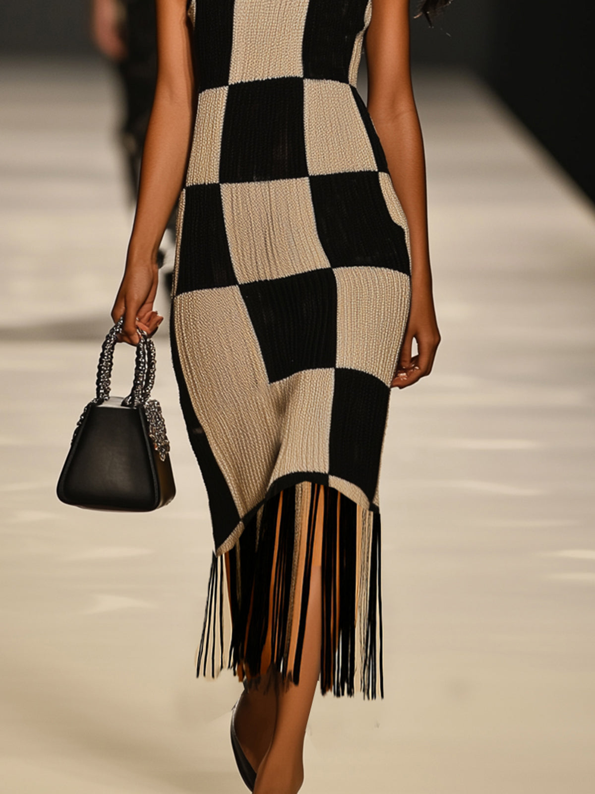 Black And Beige Checkered Knit Midi Dress With Fringe Hem