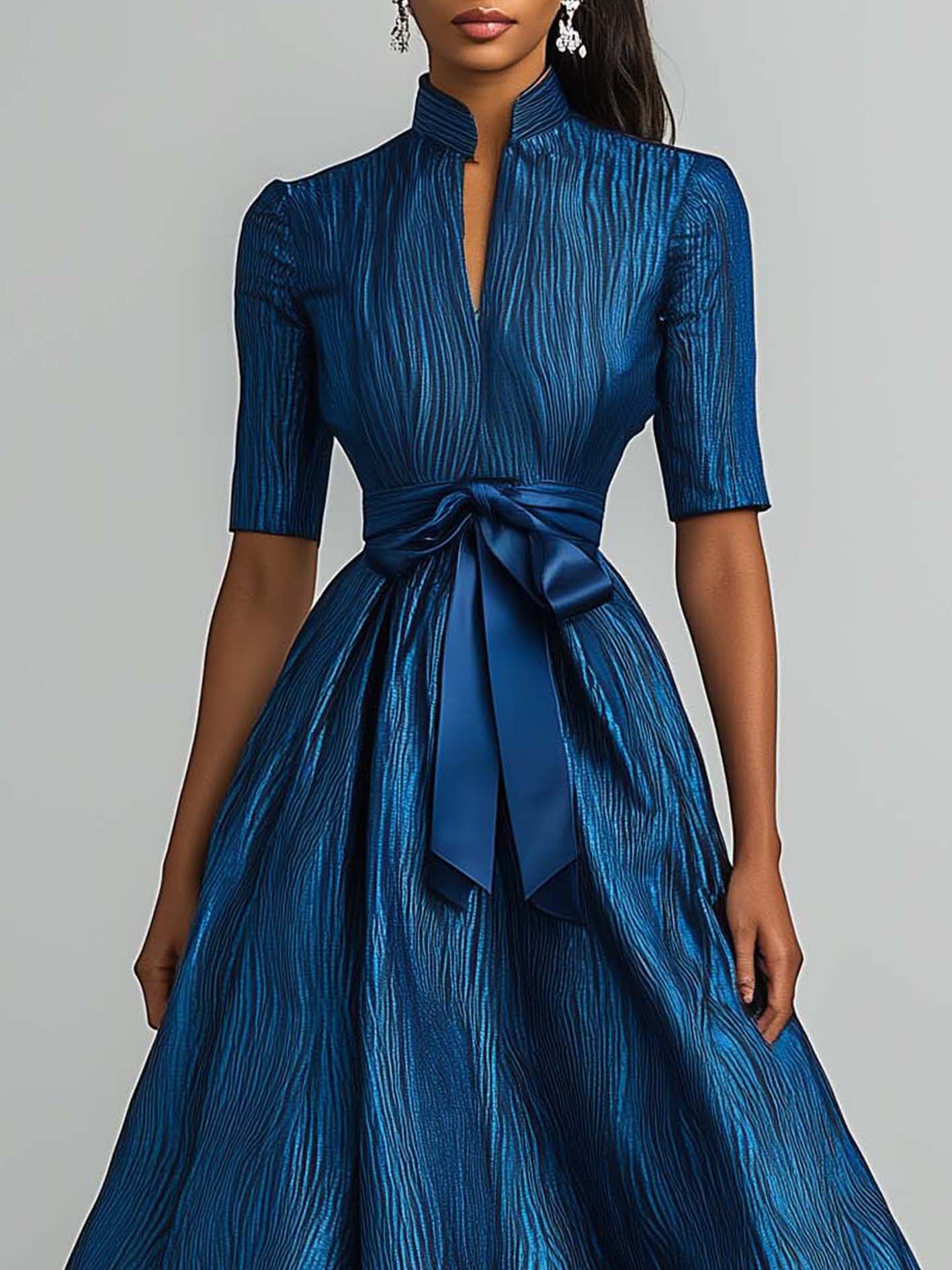 Peacock Blue Satin Maxi Dress With Elegant Pattern And Belt