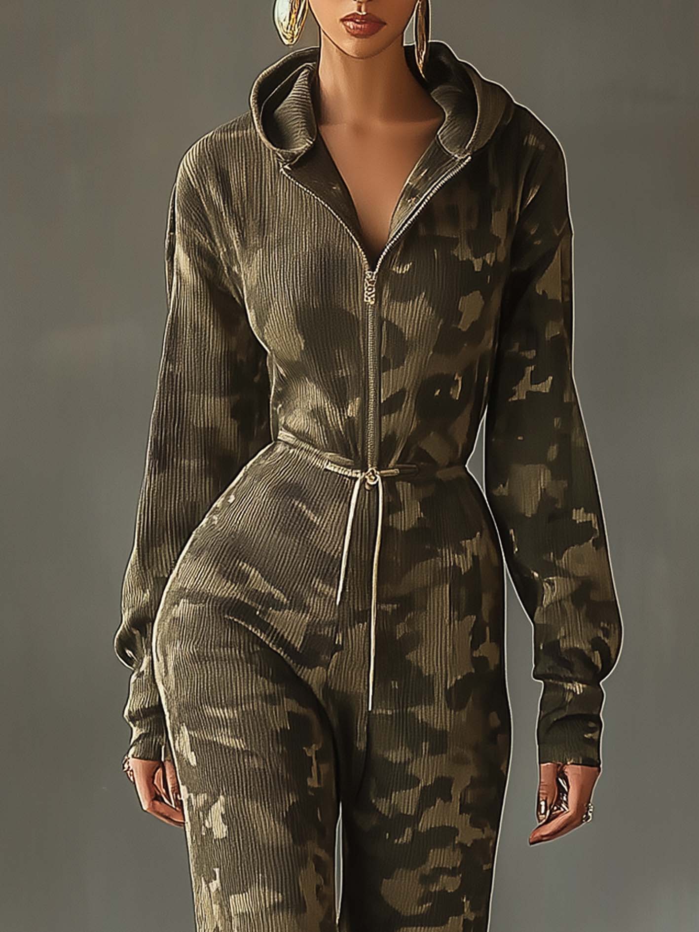 Olive Green Hooded Sweatshirt Jumpsuit With Camouflage