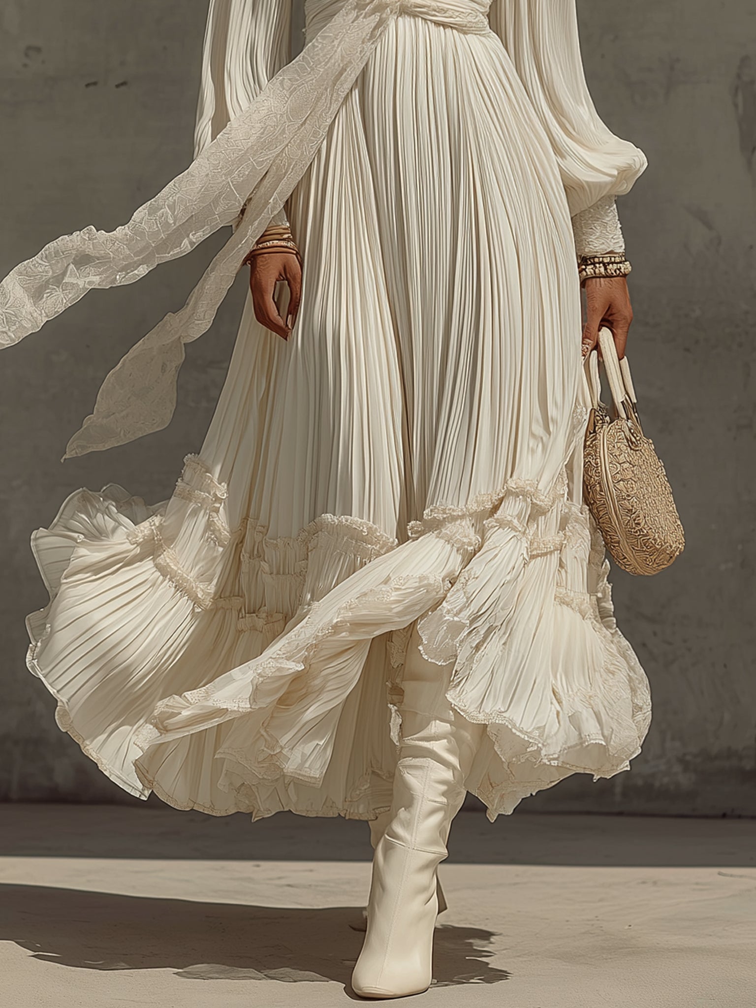 White Deep V-Neck Pleated Long Sleeve Maxi Dress With Lace Belt