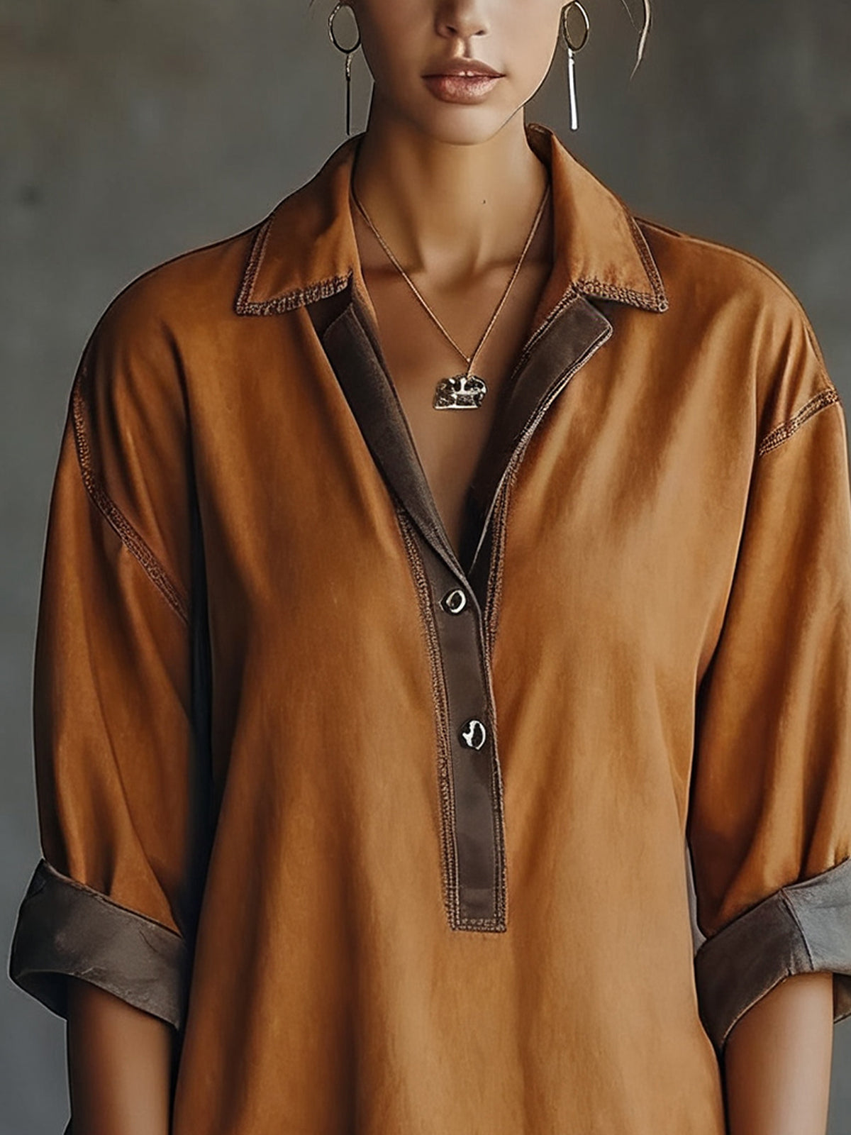 Caramel Faux Suede Button-Up Mini Dress With Contrasting Trim