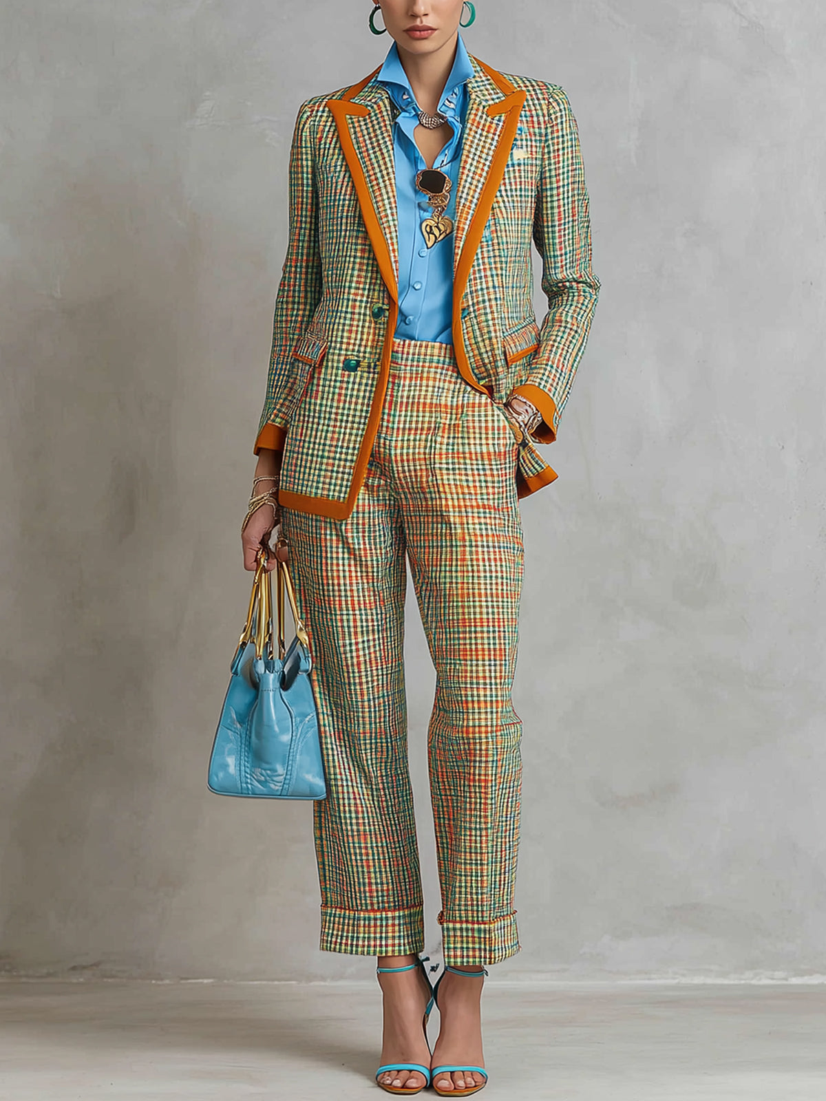 Citrus Check Double Breasted Suit With Orange Collar