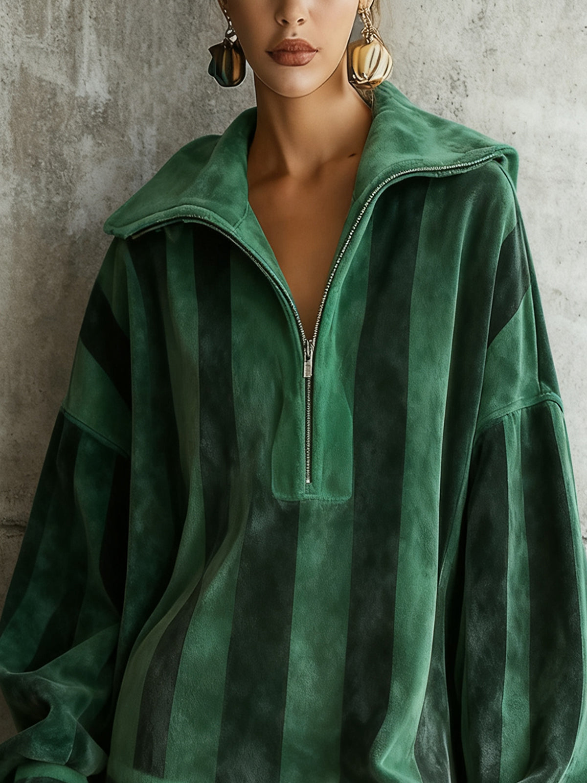 Green Striped Zip-Up Velvet Mini Dress