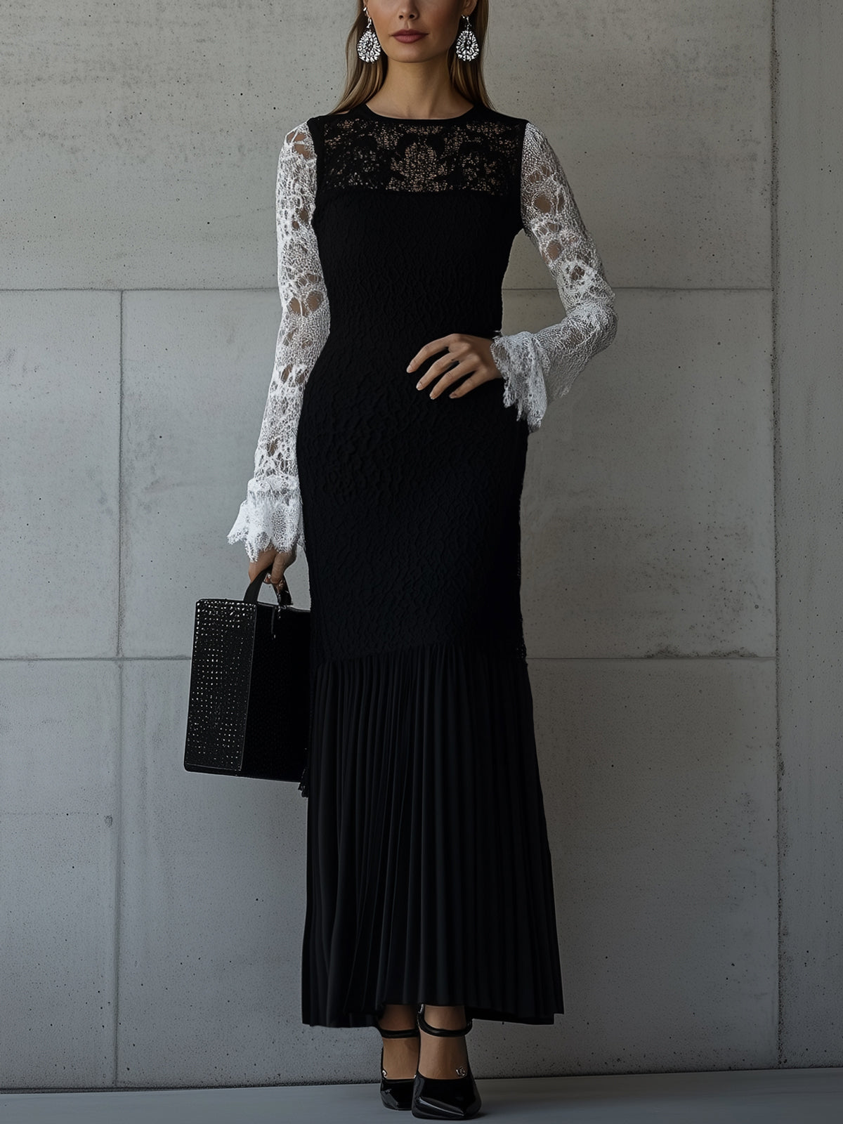 Black Lace Overlay Contrast Long Sleeve Crew Neck Maxi Dress