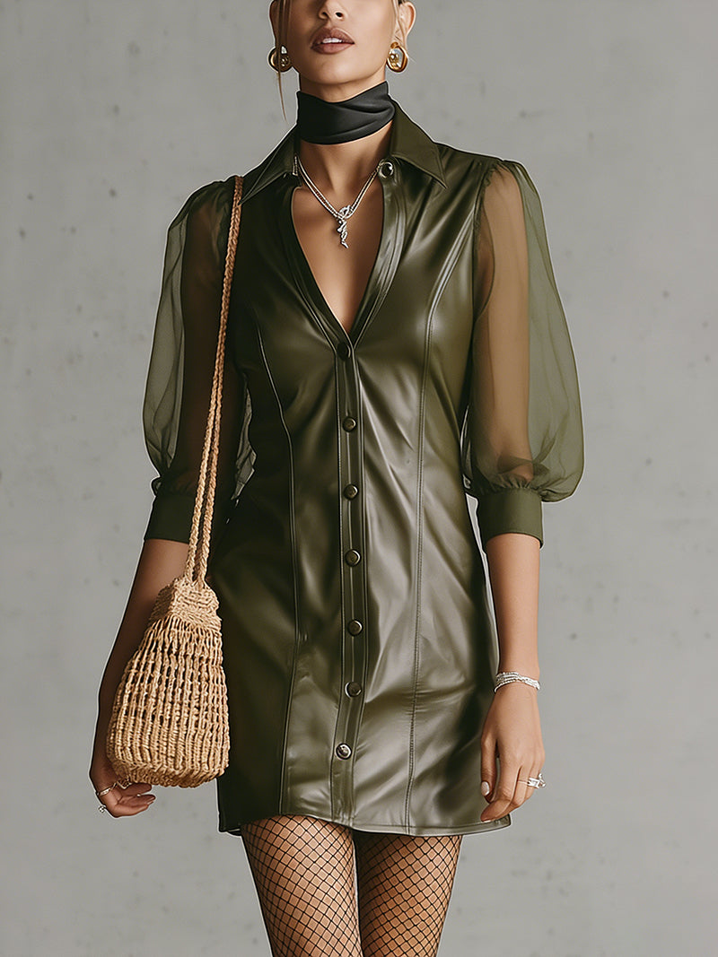 Olive Faux Leather Button‑Up Mini Dress With Sheer Puff Sleeves