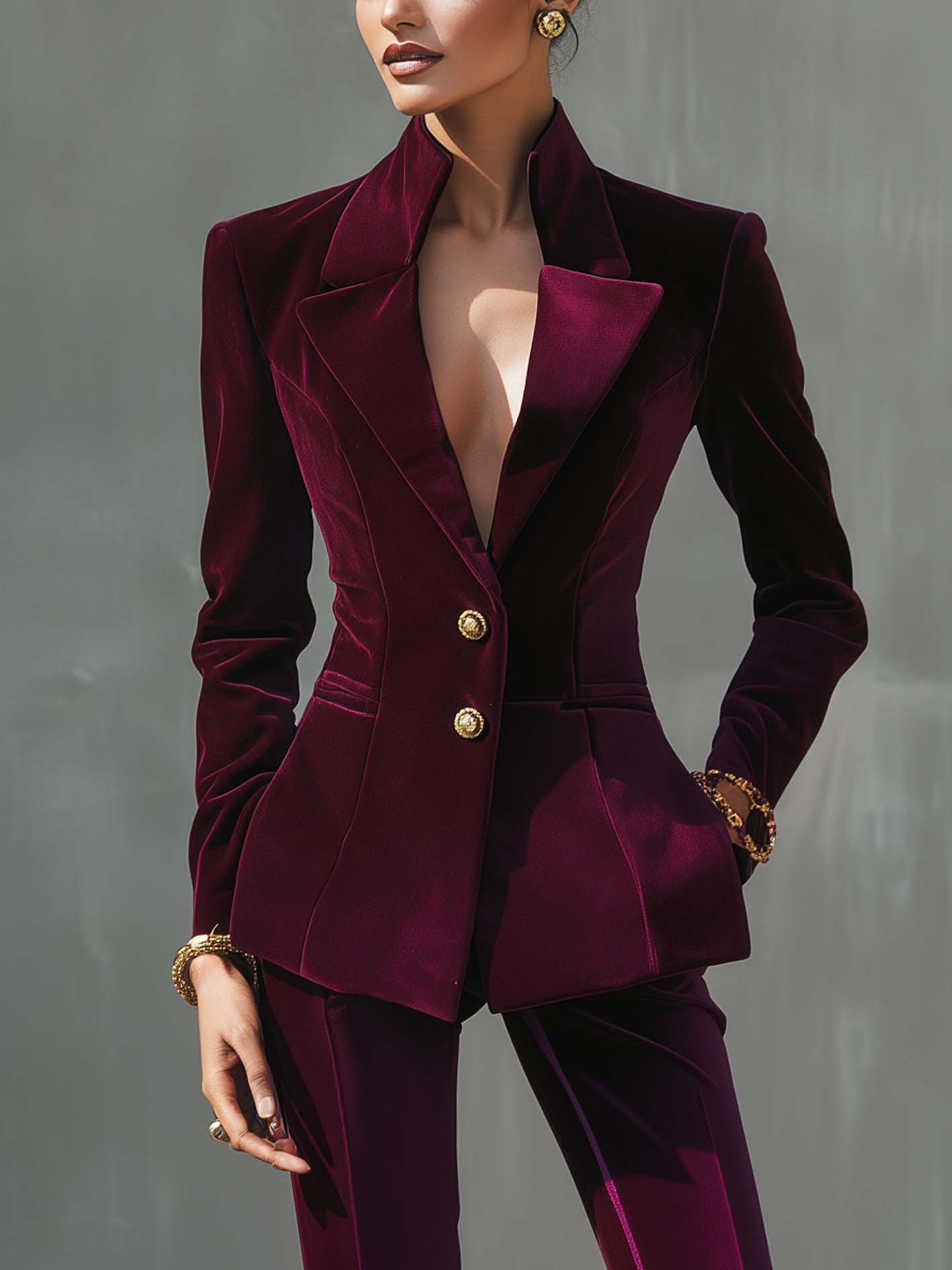 Burgundy Velvet Blazer With Gold Buttons