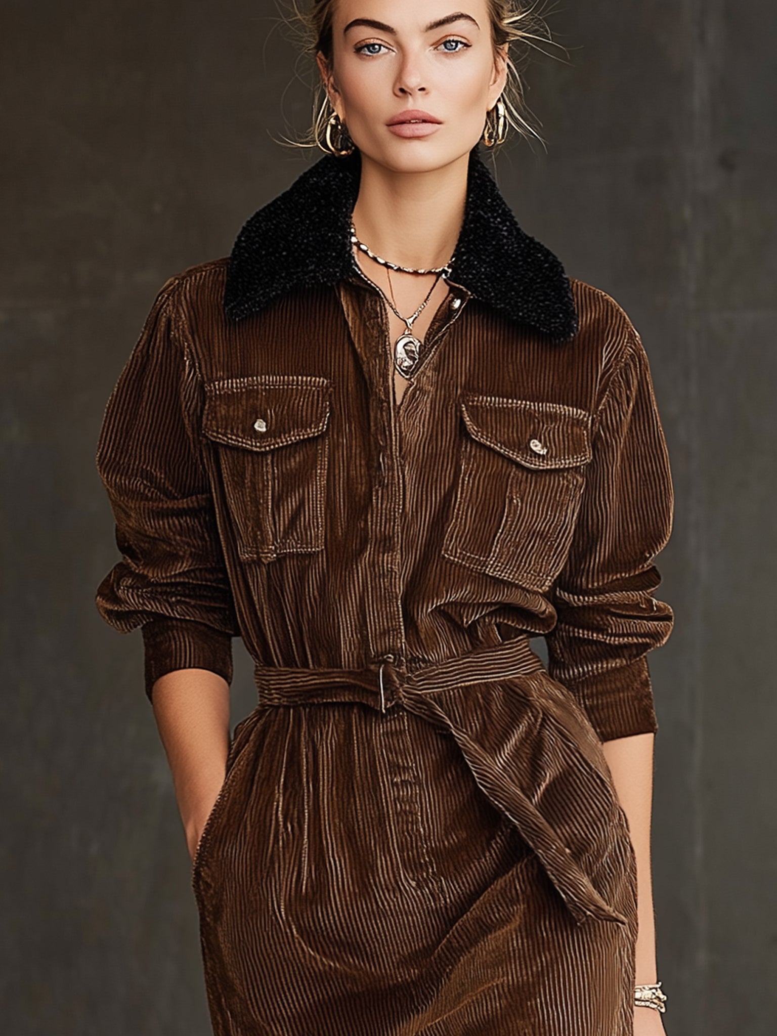 Brown Vintage Washed Corduroy Long Sleeve Mini Dress With Faux Fur Collar