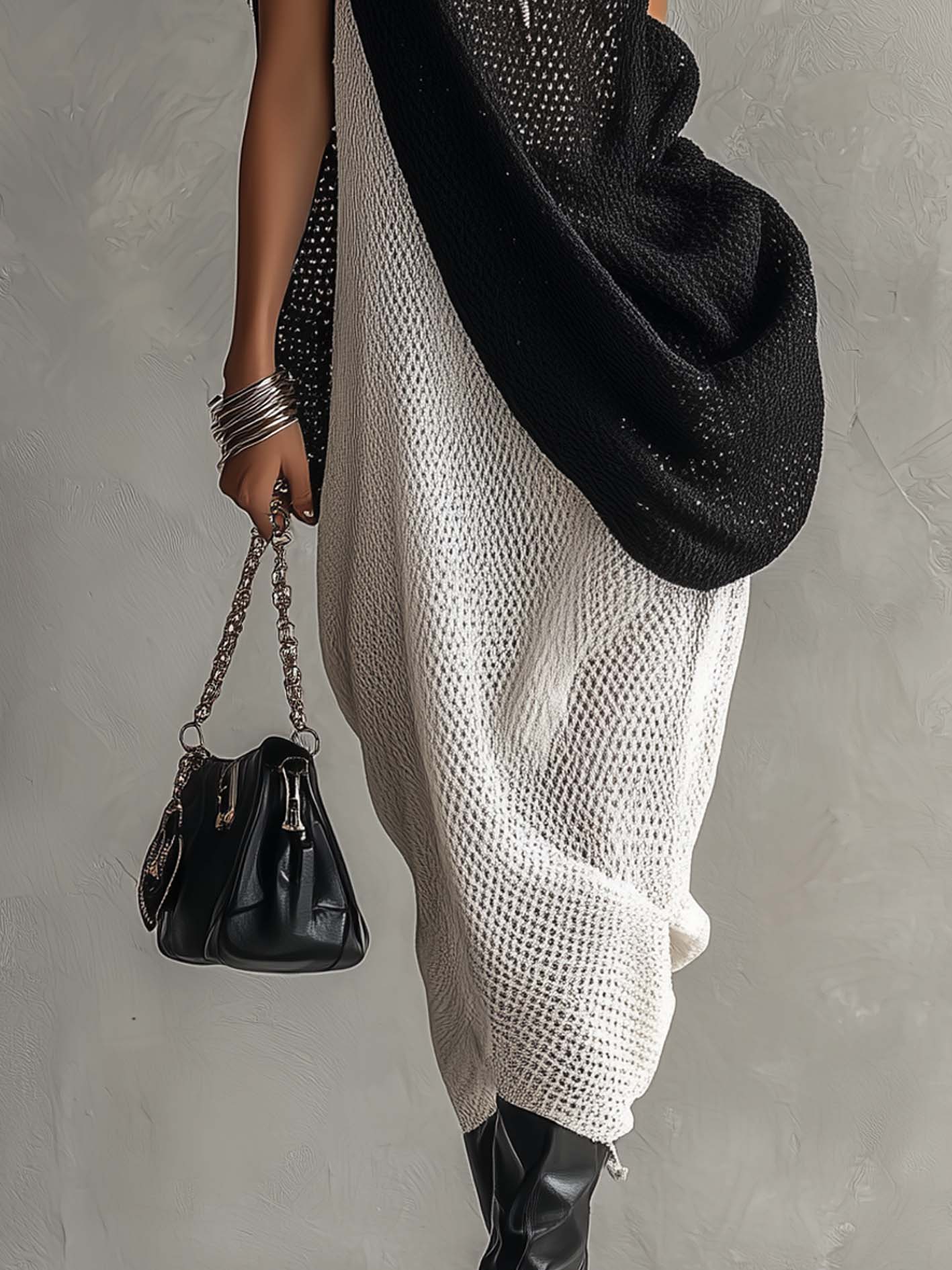 Black Turtleneck Mesh Knit Overlay With White Sleeveless Midi Tank Dress Set