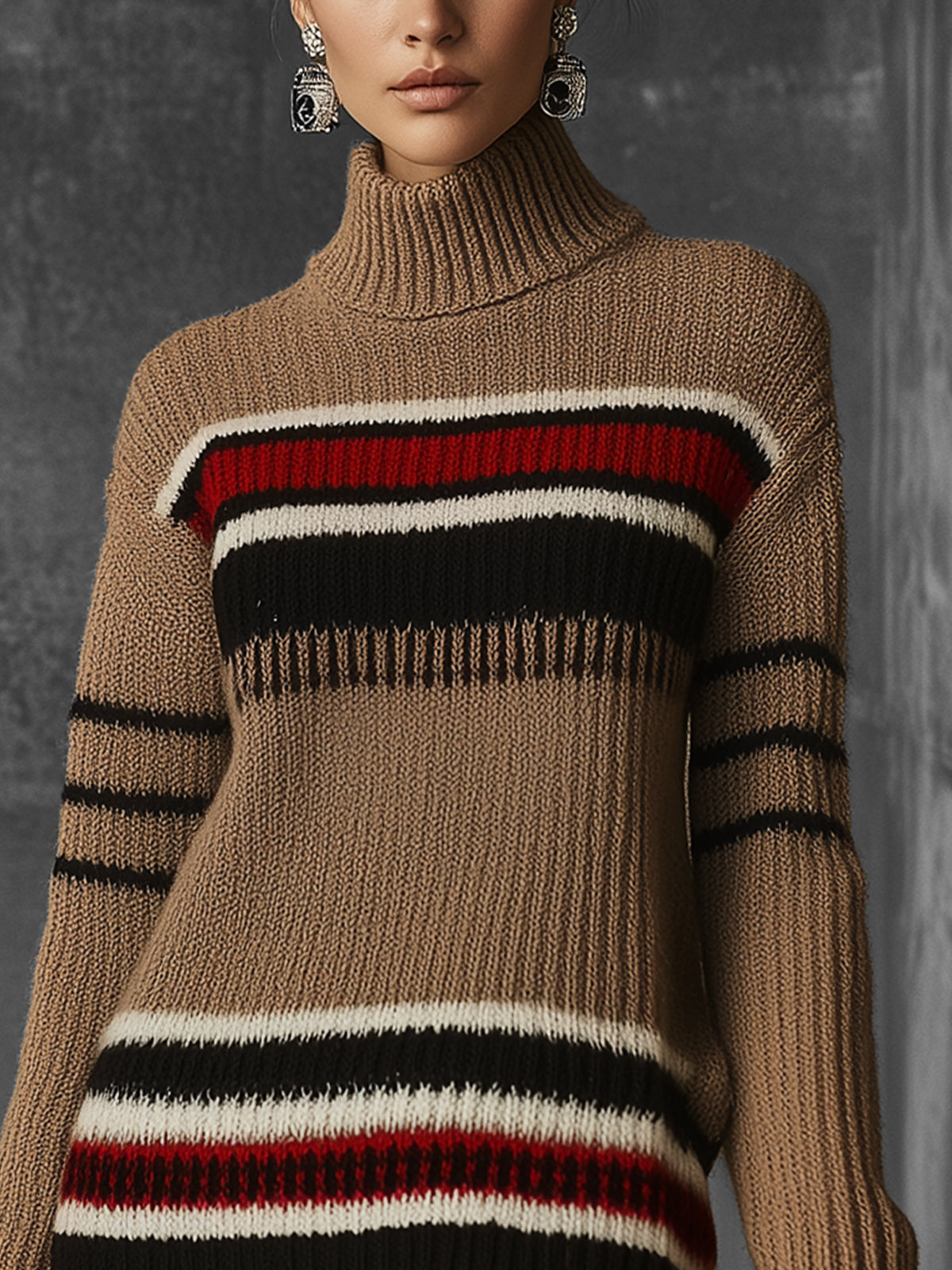 Camel Knit Turtleneck Sweater Dress With Bold Striped Detail