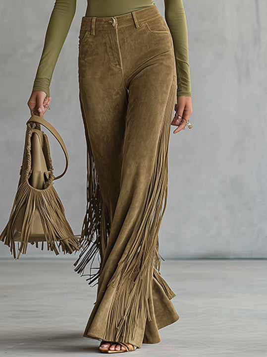 Olive Cutout Turtleneck Top And High-Waist Faux Suede Fringe Flare Pants Set