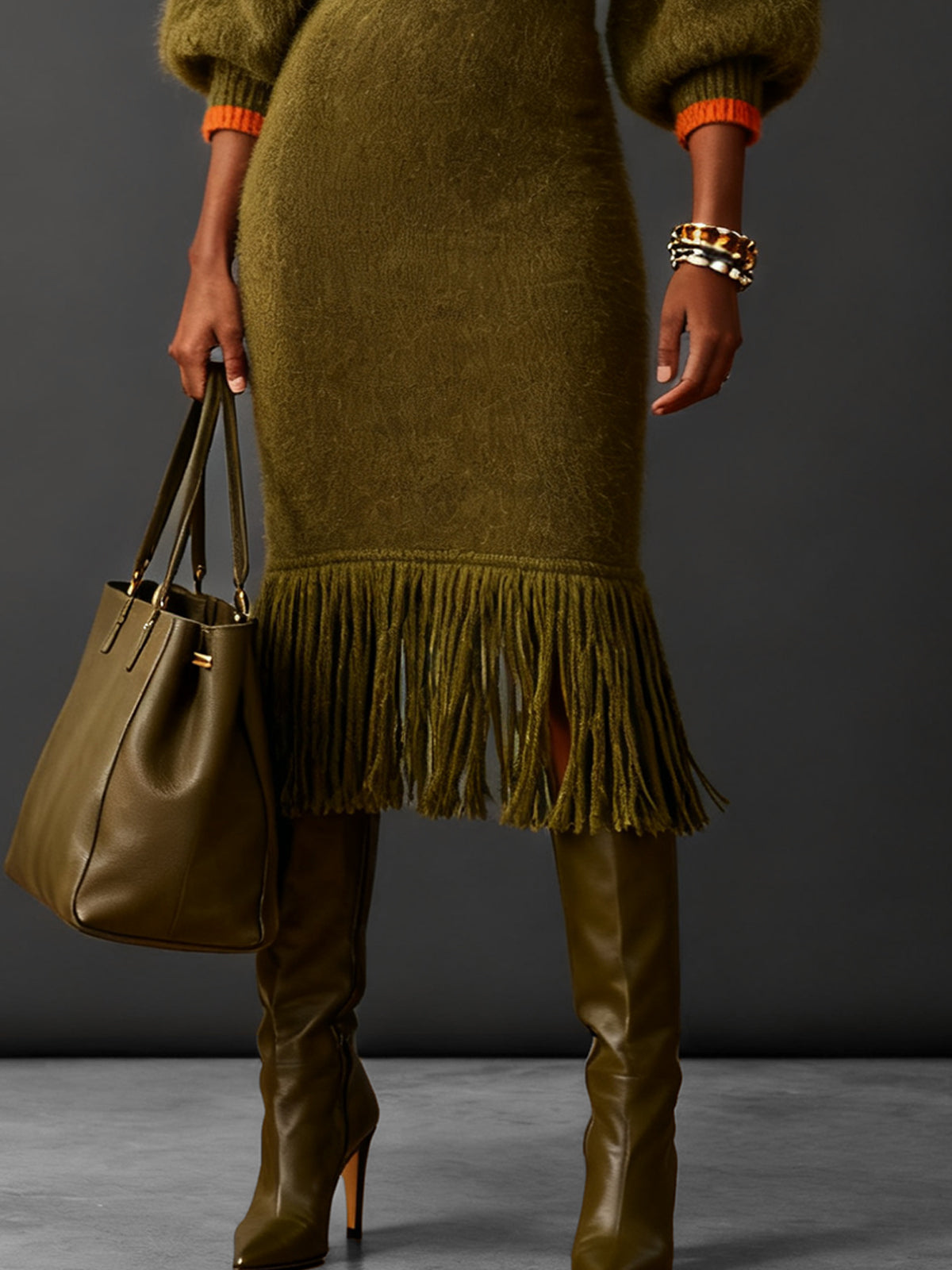 Olive Fuzzy Knit Midi Dress With Orange Trim And Fringe Hem