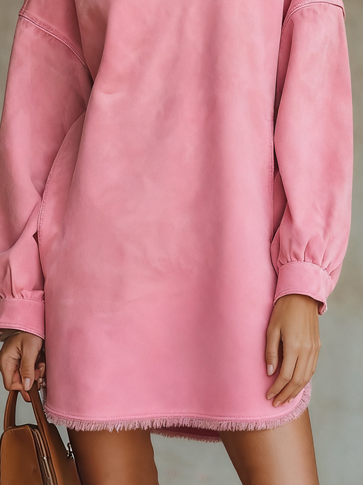 Pink Faux Suede V-Neck Mini Dress With Frayed Edges