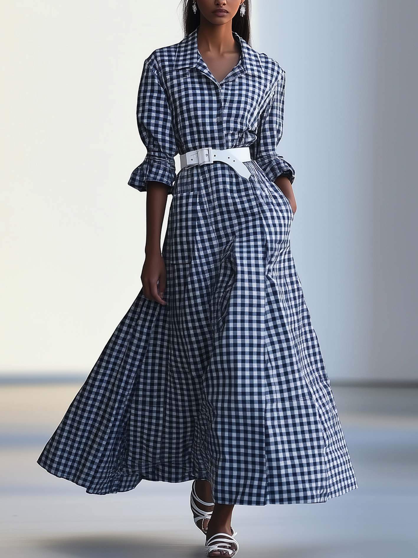 Dark Blue Checked Maxi Dress With Belt